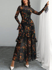 Mock Neck Mesh Floral Ruffled Maxi Dress