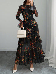 Mock Neck Mesh Floral Ruffled Maxi Dress