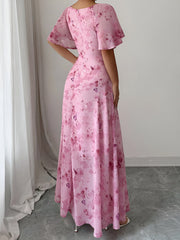 Floral Print Ruffled Sleeve Ruched Wedding Maxi Dress