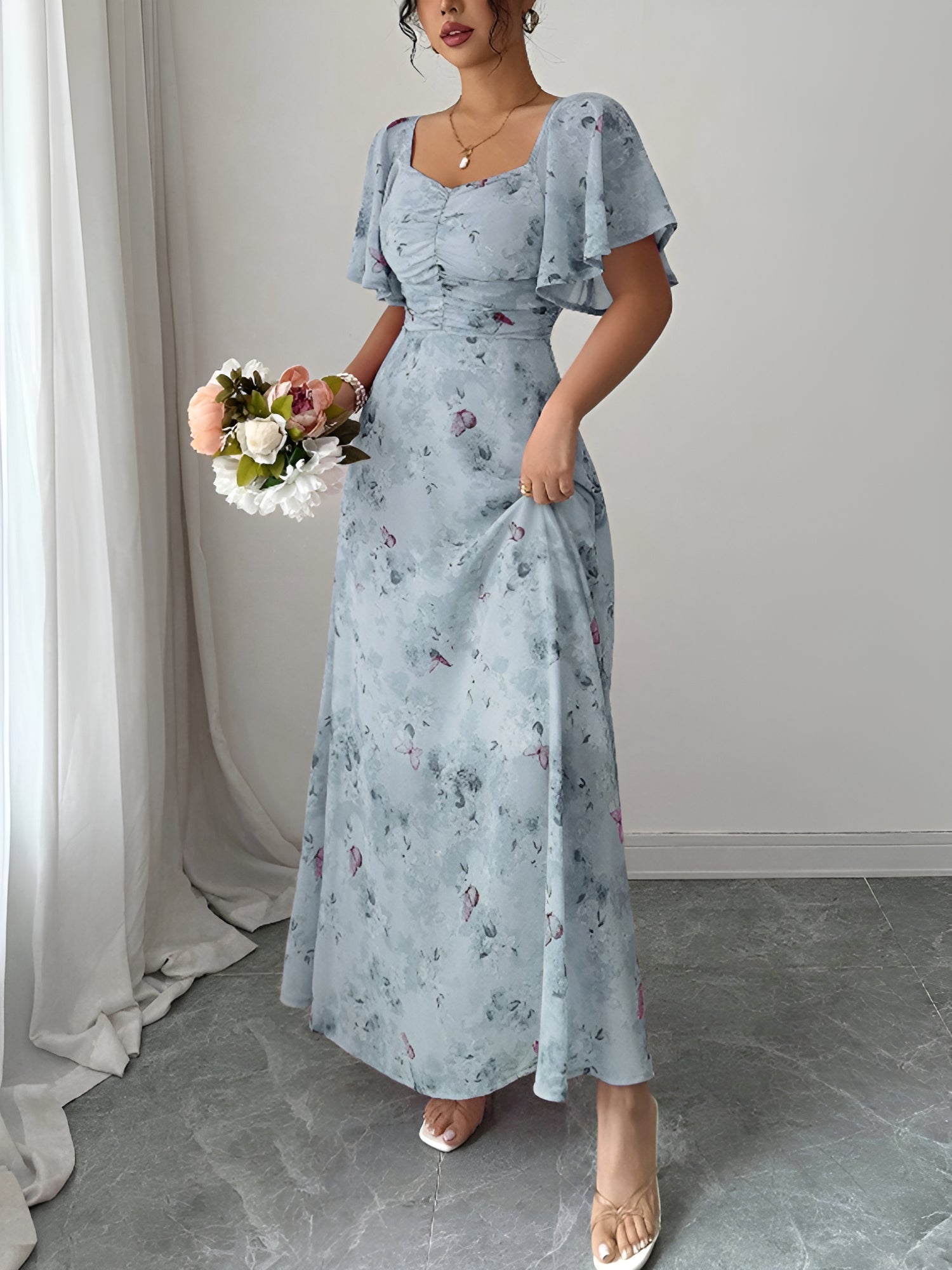 Floral Print Ruffled Sleeve Ruched Wedding Maxi Dress