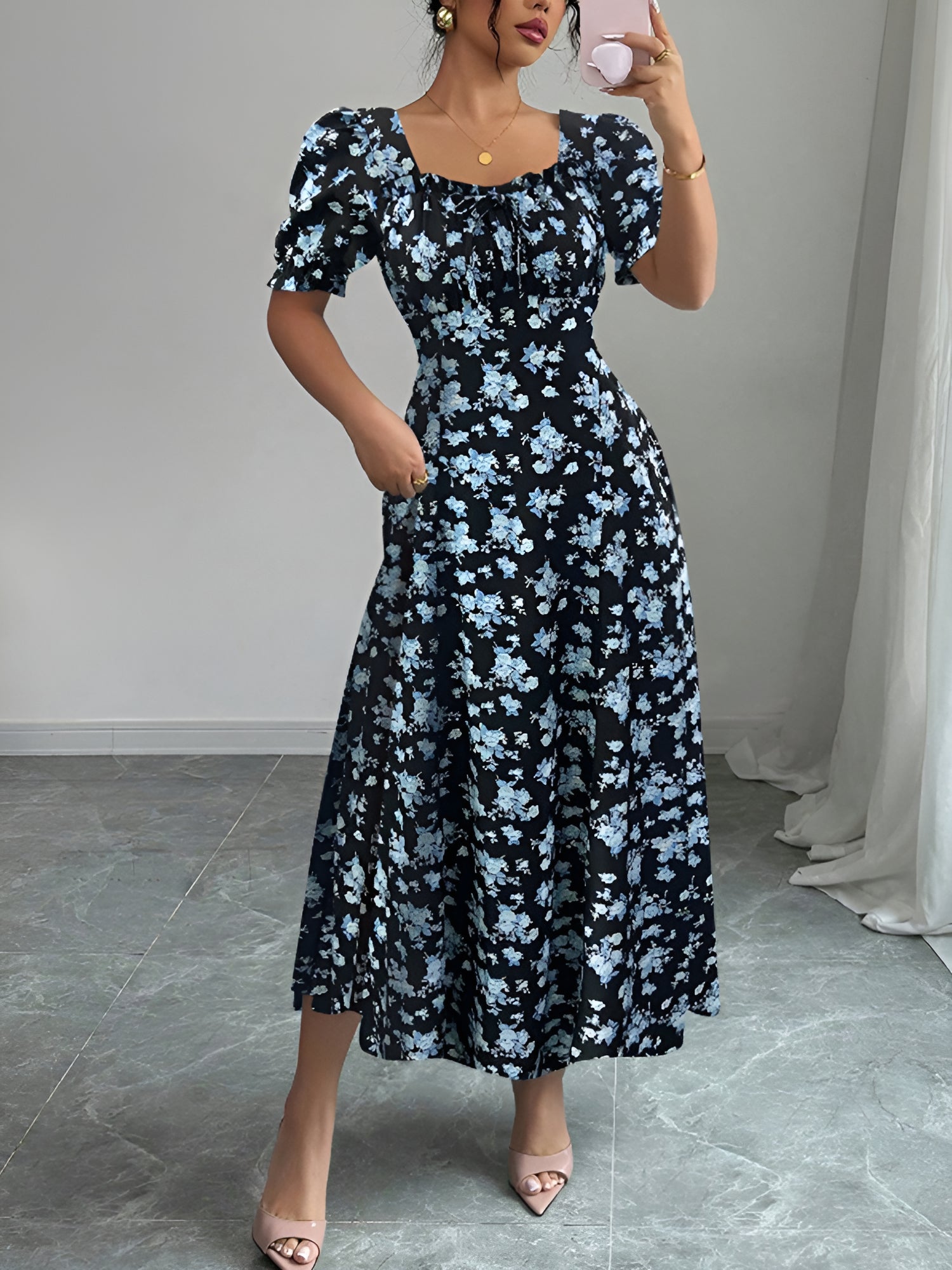 Floral Ruffled Square Neck Puff Sleeves Maxi Dress