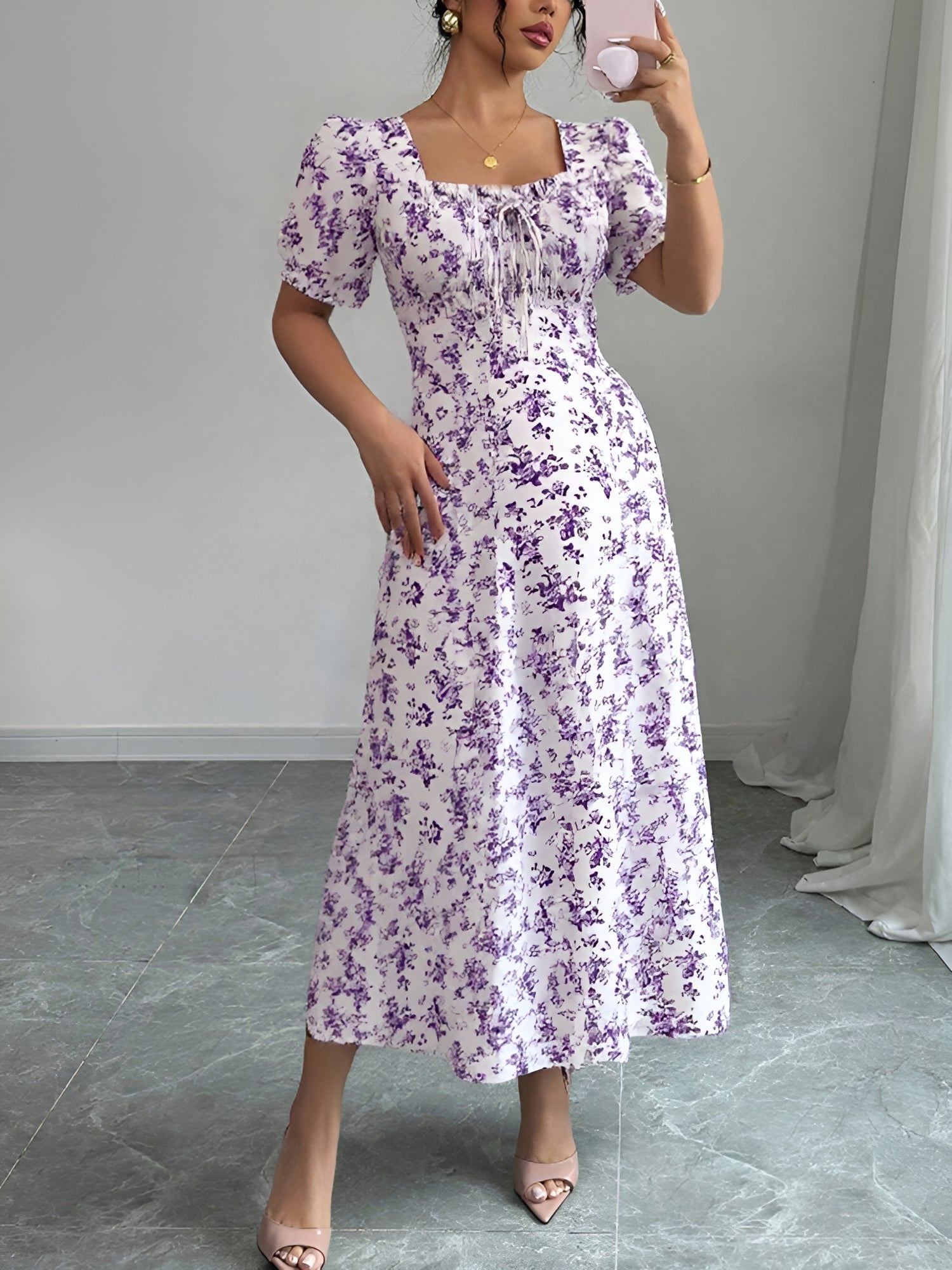 Floral Ruffled Square Neck Puff Sleeves Maxi Dress