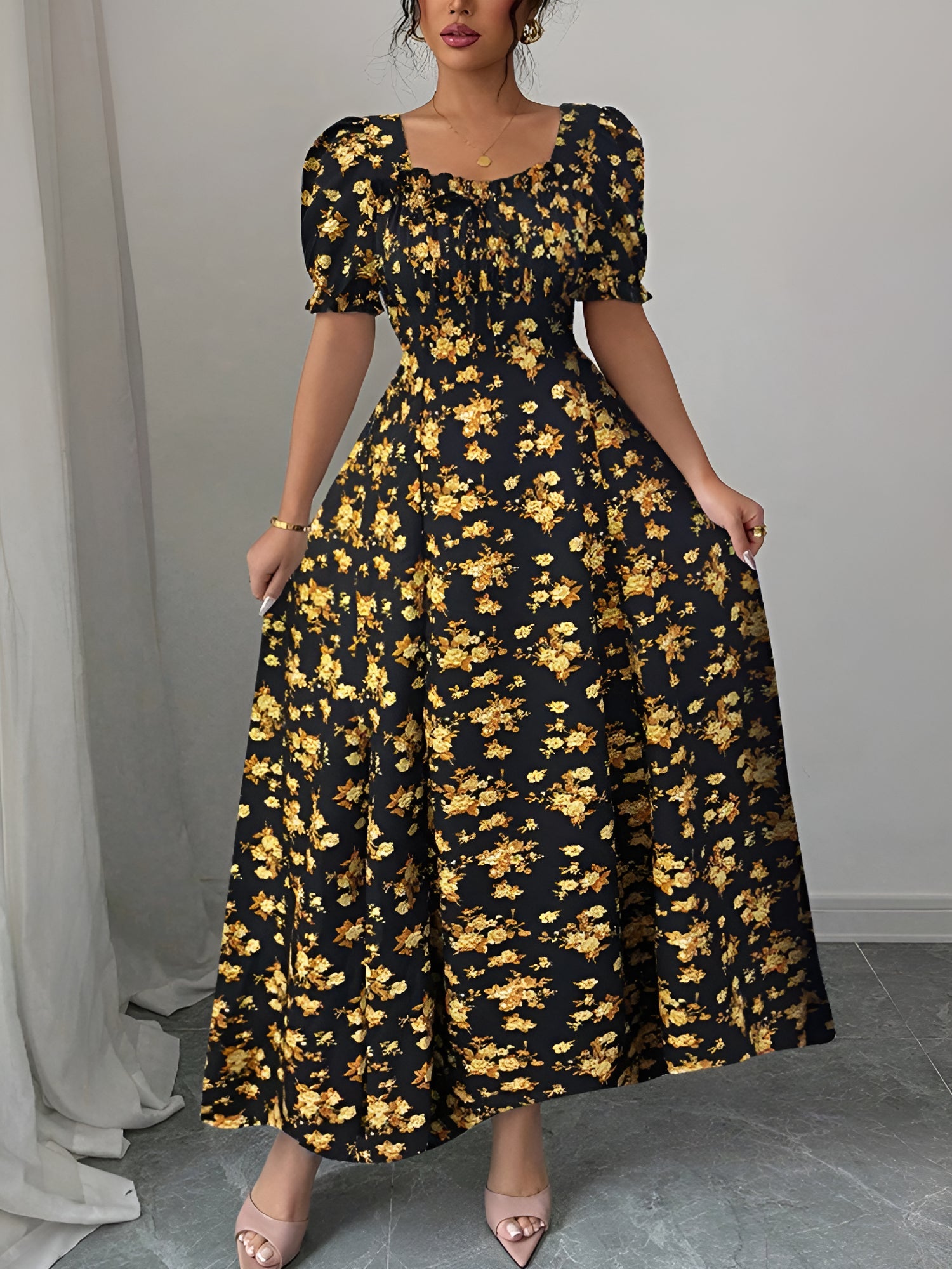 Floral Ruffled Square Neck Puff Sleeves Maxi Dress