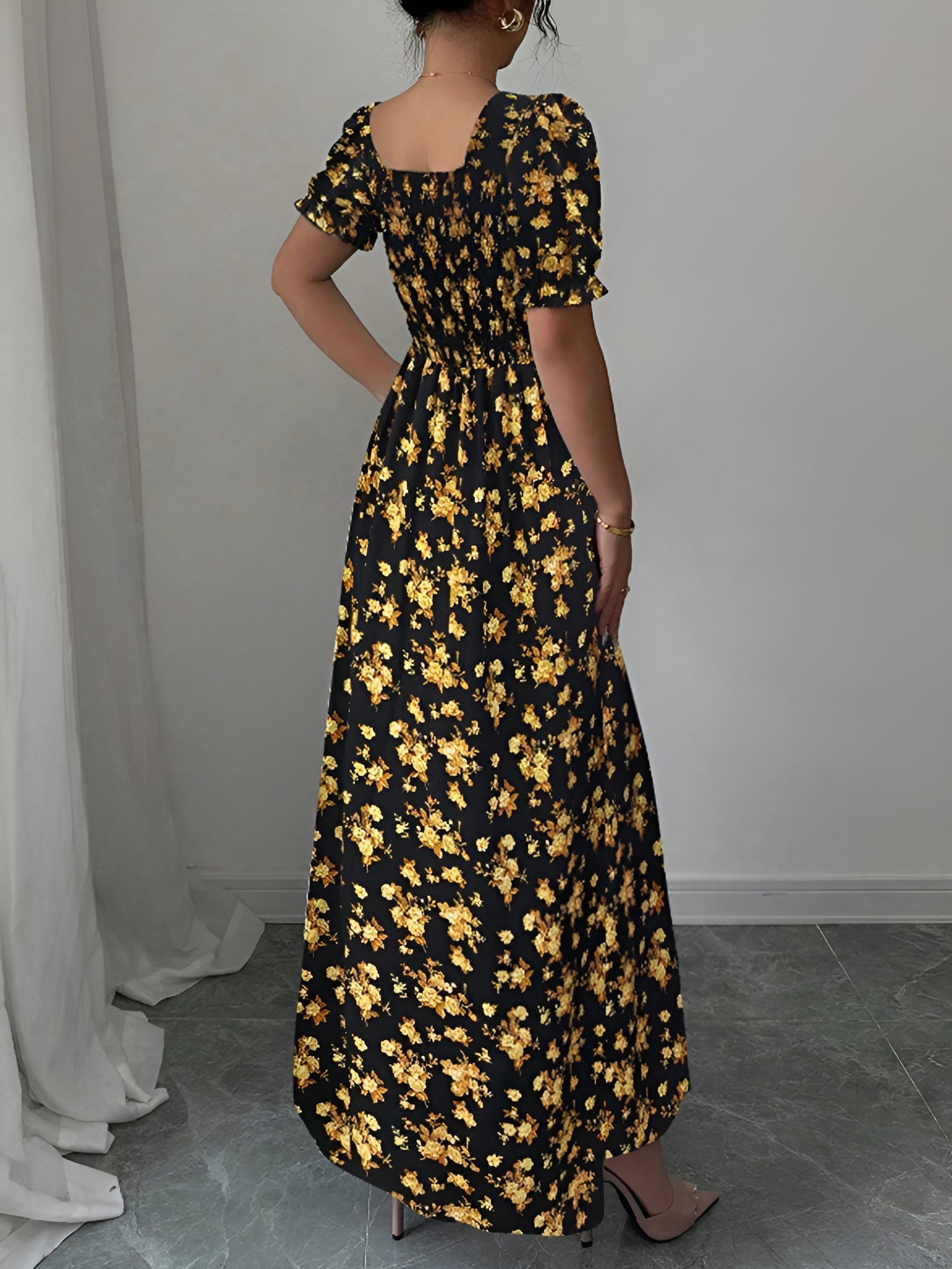 Floral Ruffled Square Neck Puff Sleeves Maxi Dress