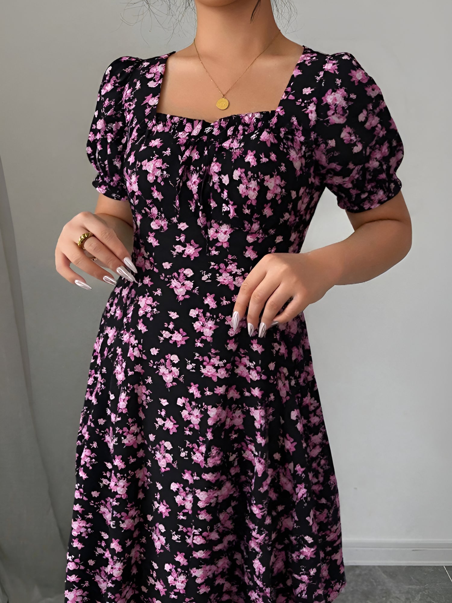 Floral Ruffled Square Neck Puff Sleeves Maxi Dress