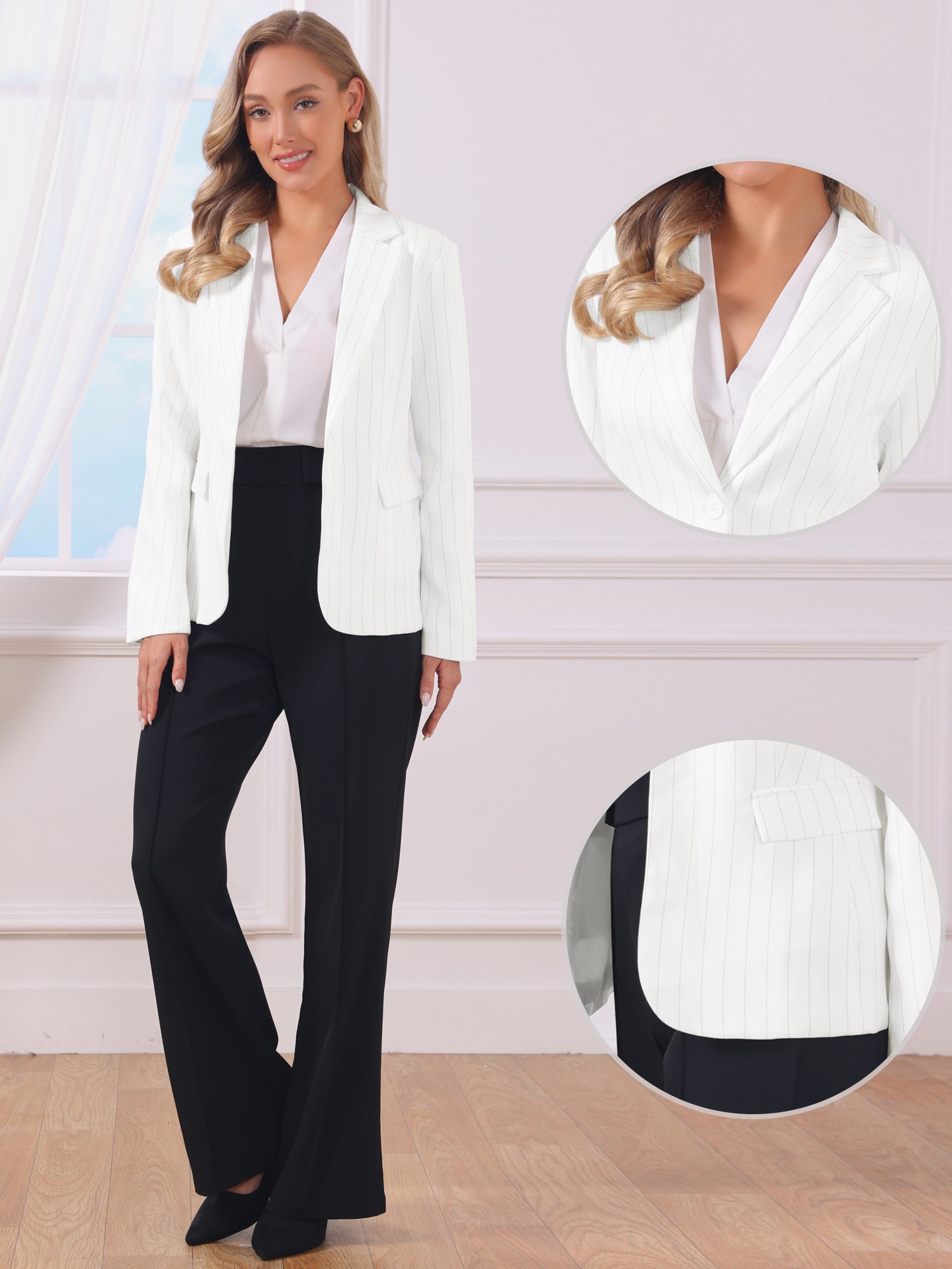 Notched Lapel One Button Long Sleeve Work Office Striped Blazer