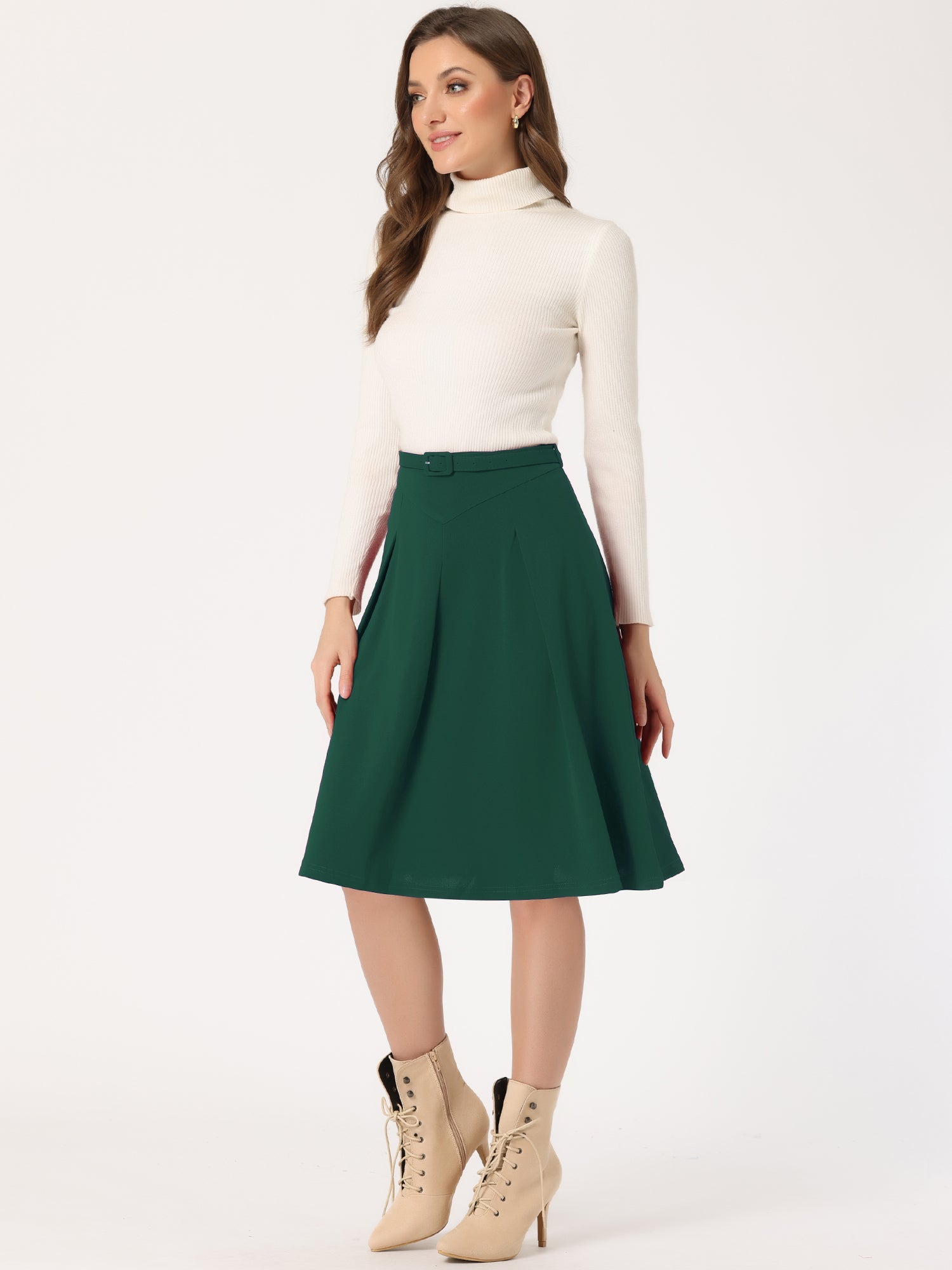 Women's A-Line Belted Waist Casual Midi Flare Pleated Skirt