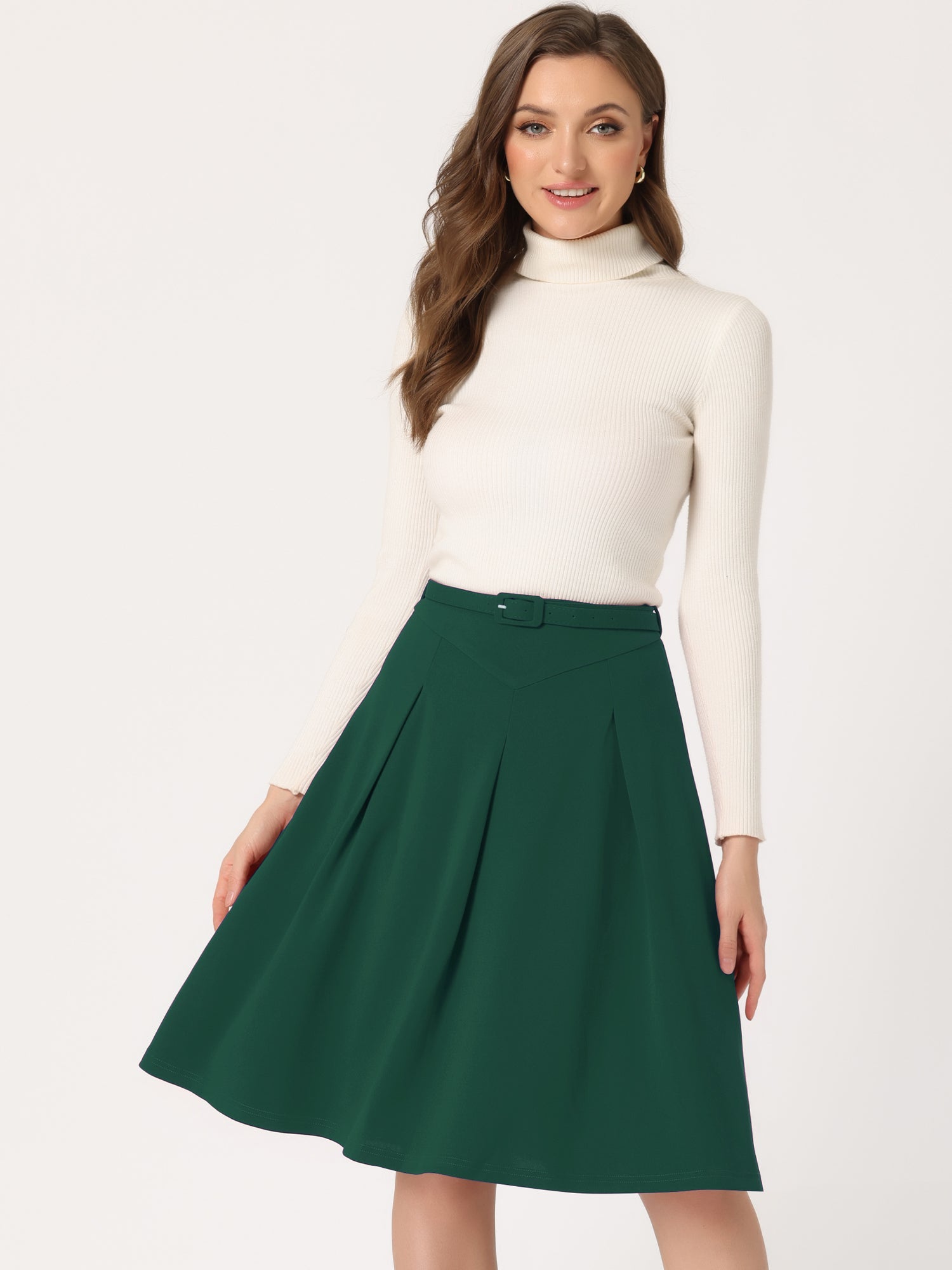 Women's A-Line Belted Waist Casual Midi Flare Pleated Skirt