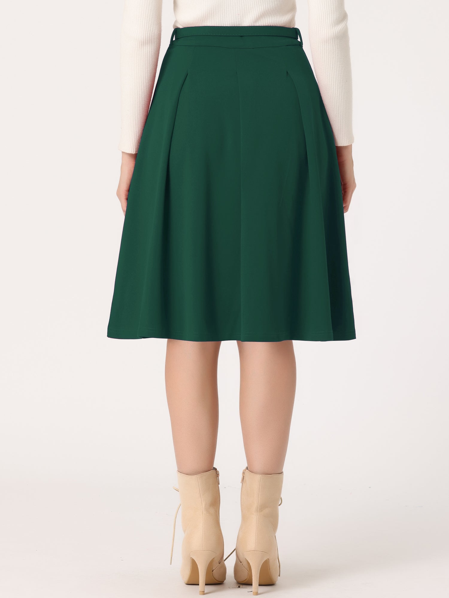 Women's A-Line Belted Waist Casual Midi Flare Pleated Skirt