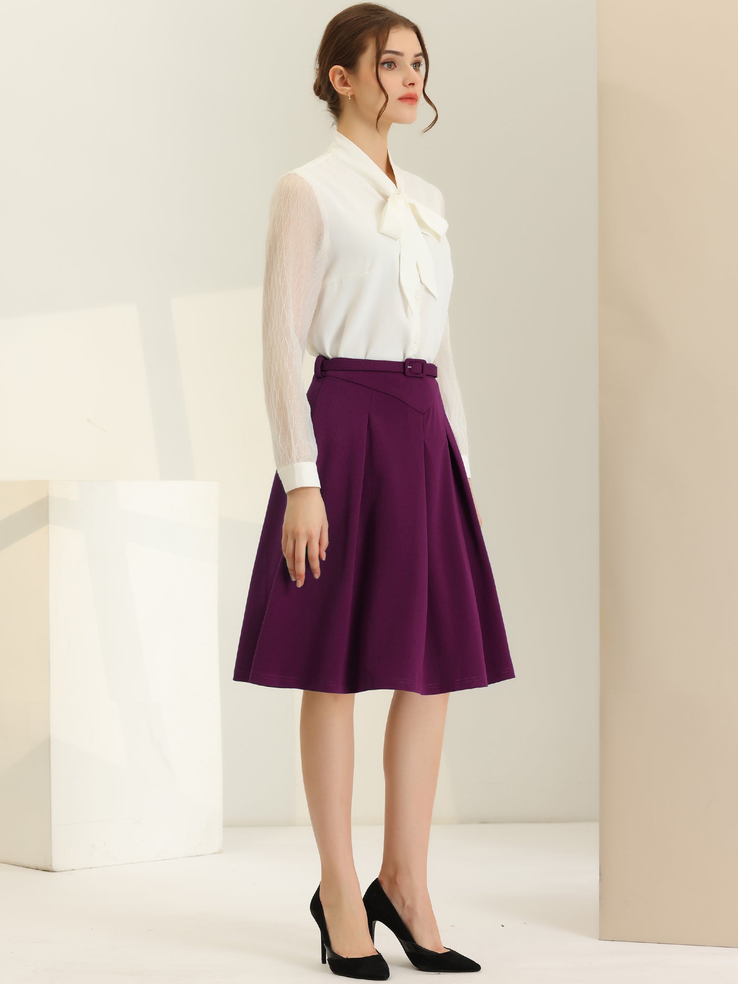 Women's A-Line Belted Waist Casual Midi Flare Pleated Skirt