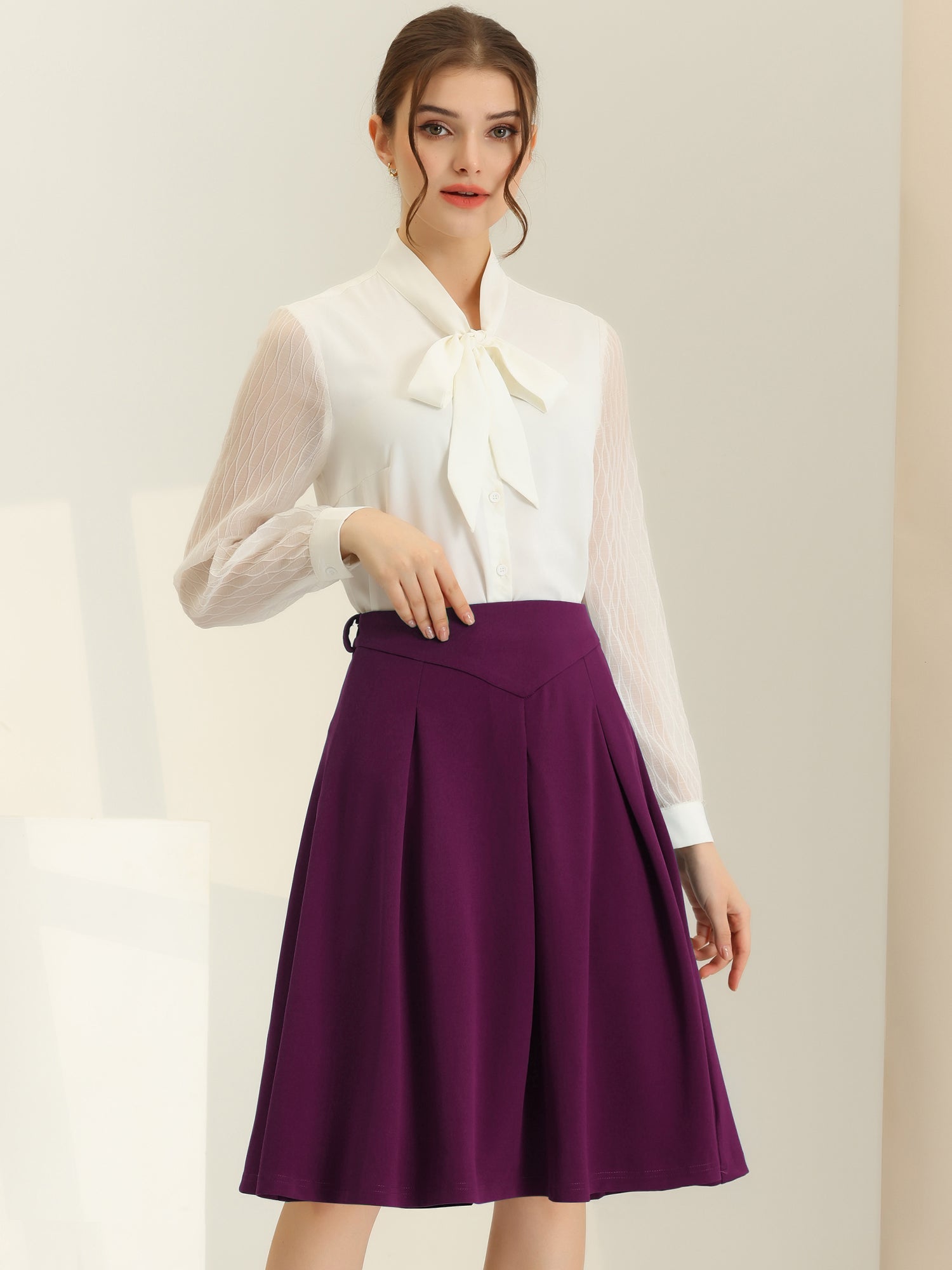 Women's A-Line Belted Waist Casual Midi Flare Pleated Skirt