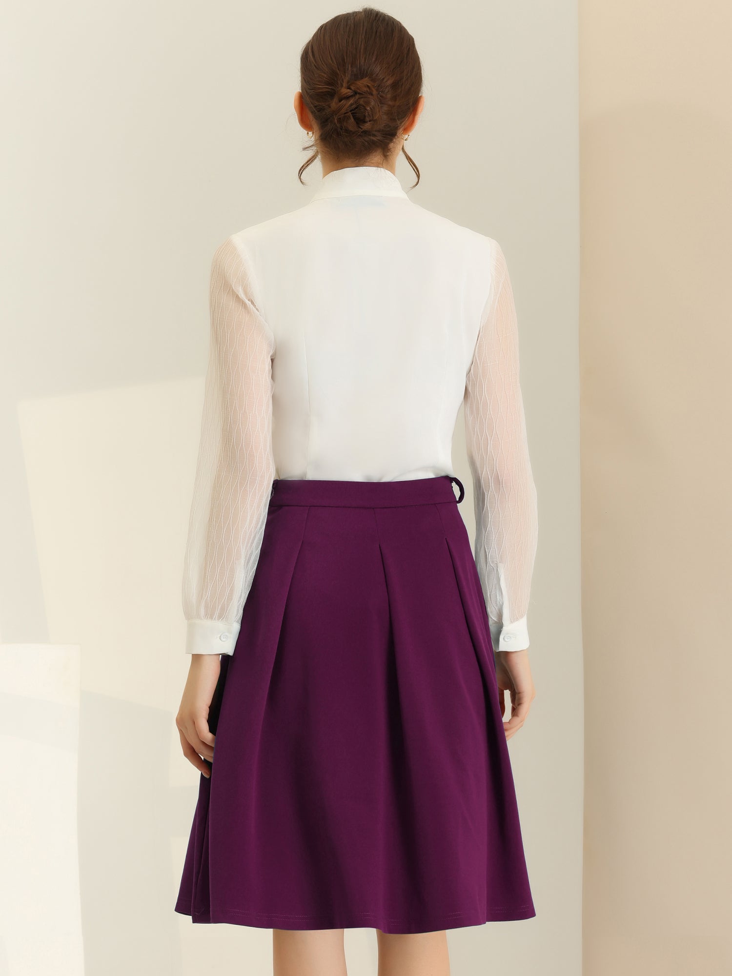 Women's A-Line Belted Waist Casual Midi Flare Pleated Skirt