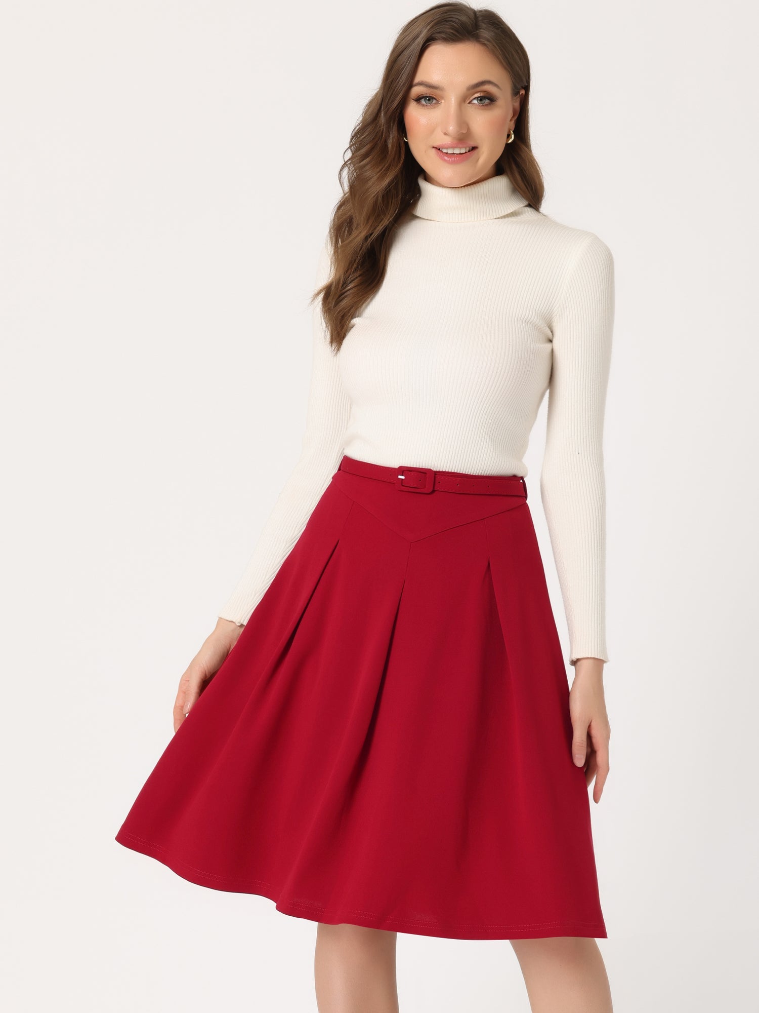 Women's A-Line Belted Waist Casual Midi Flare Pleated Skirt