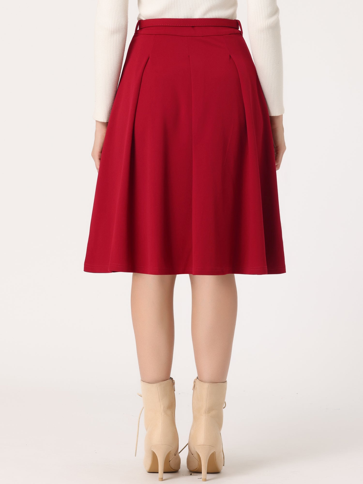 Women's A-Line Belted Waist Casual Midi Flare Pleated Skirt