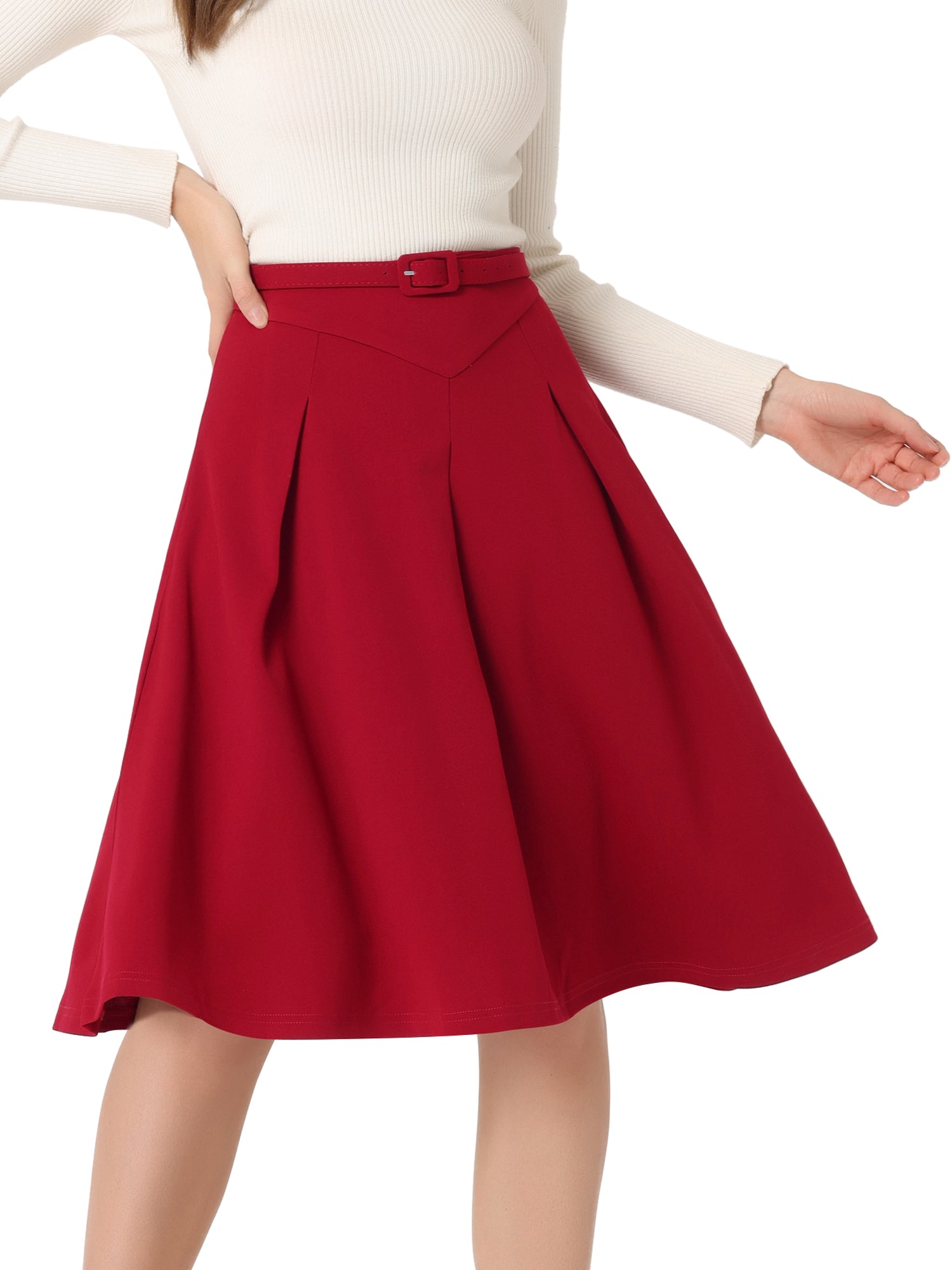 Women's A-Line Belted Waist Casual Midi Flare Pleated Skirt