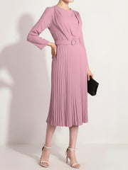 Crew Neck Long Sleeves Belted Pleated Midi Work Dress