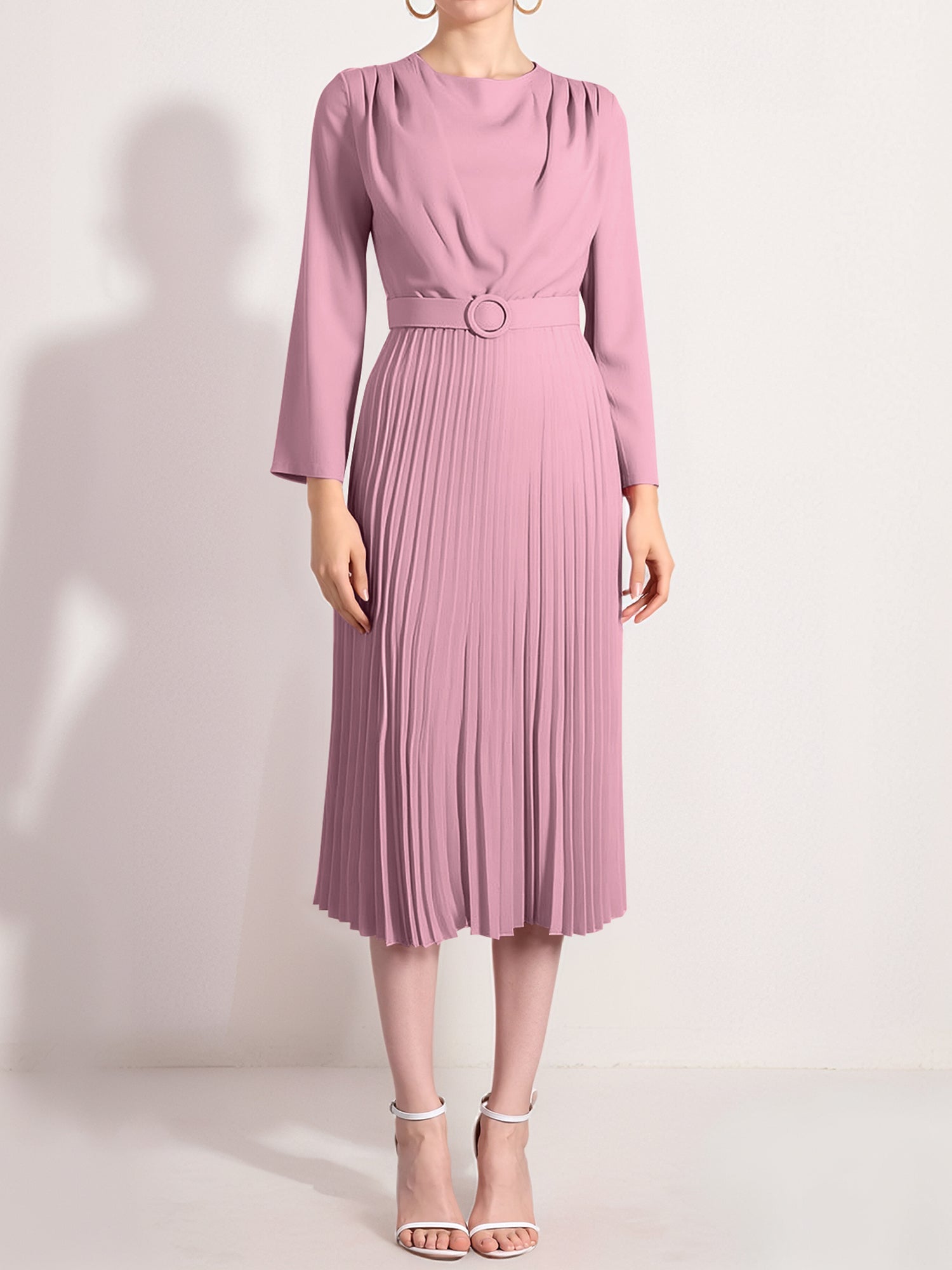 Crew Neck Long Sleeves Belted Pleated Midi Work Dress