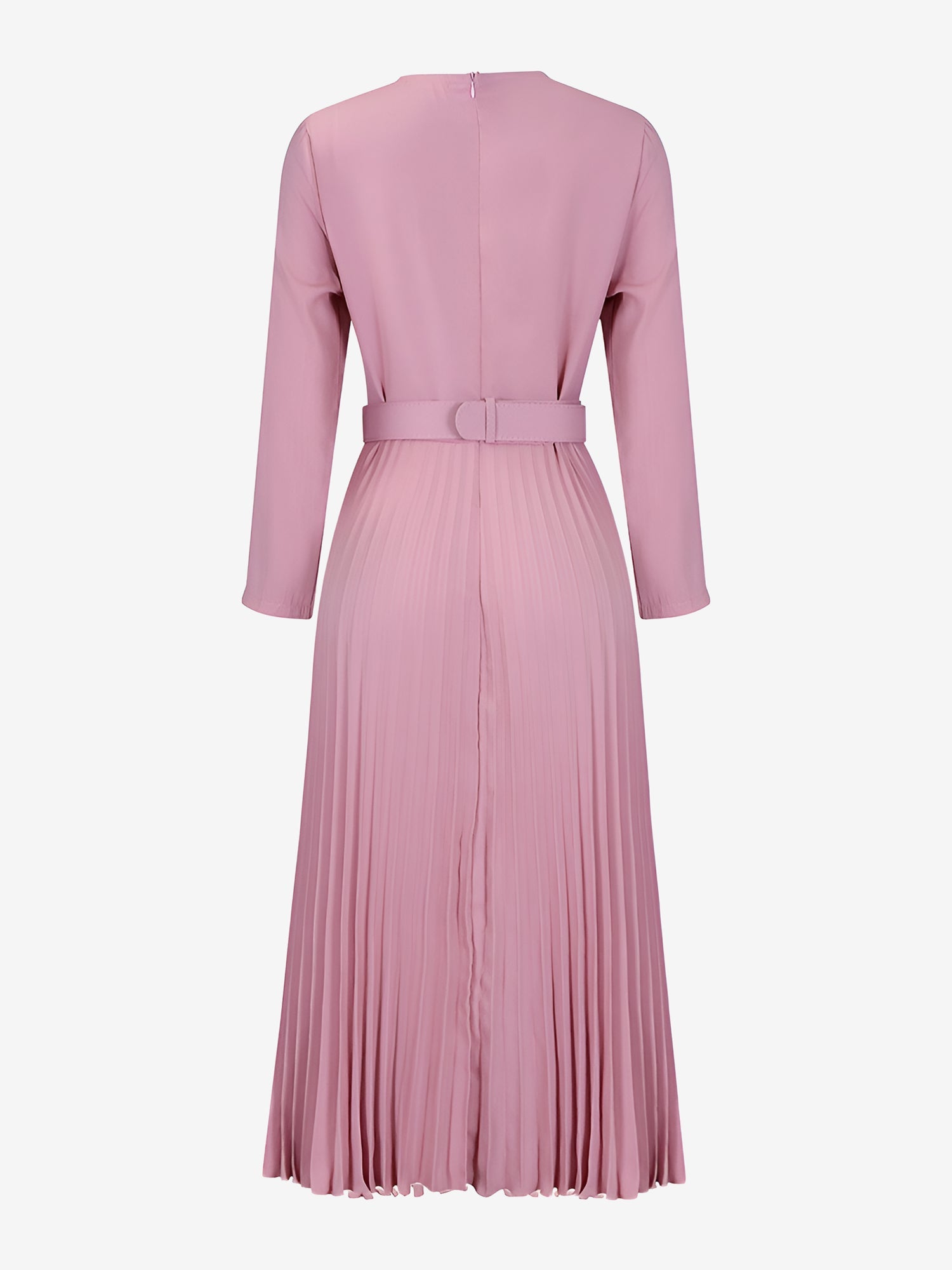 Crew Neck Long Sleeves Belted Pleated Midi Work Dress