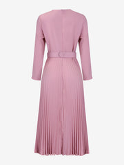 Crew Neck Long Sleeves Belted Pleated Midi Work Dress