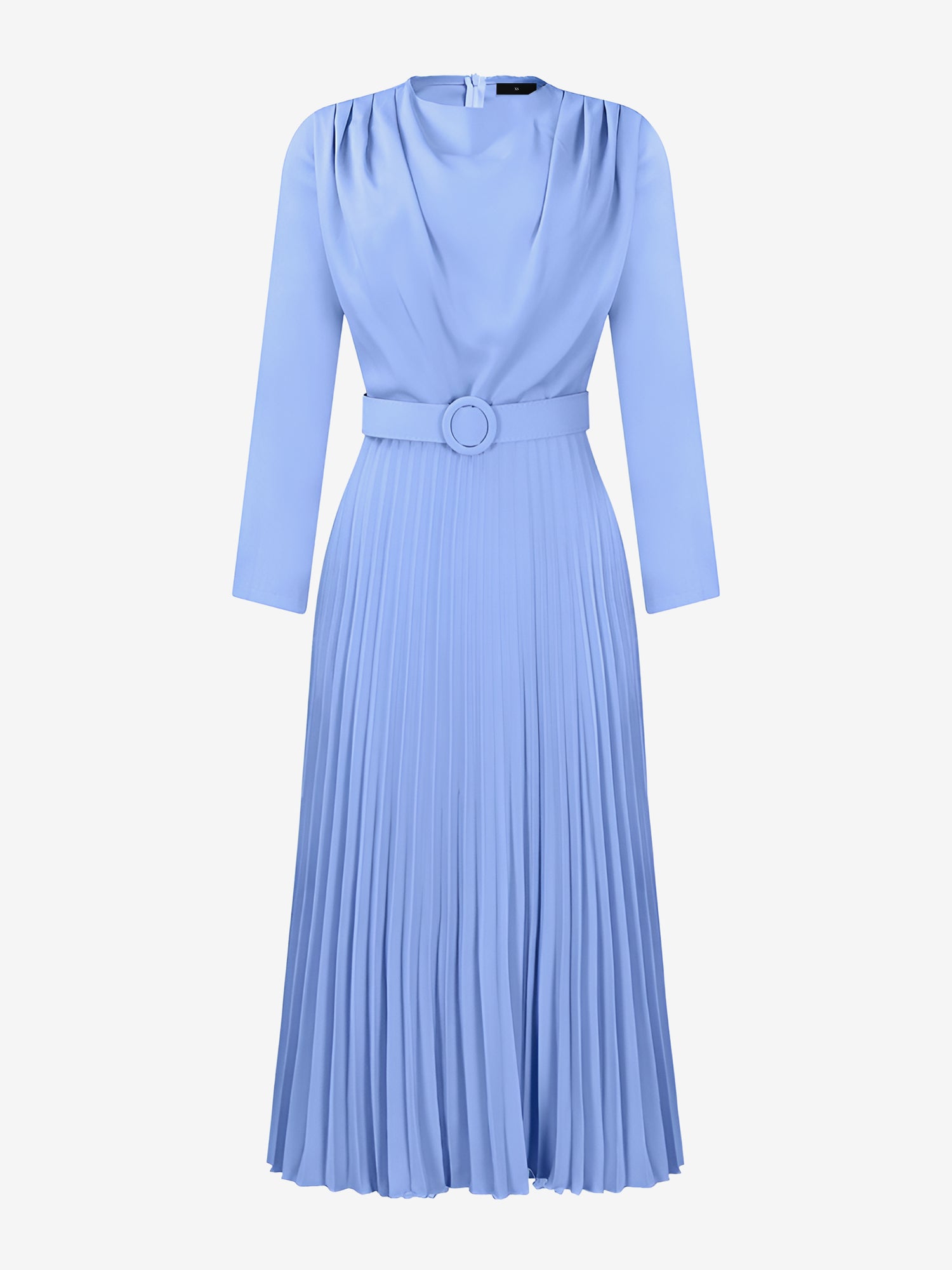 Crew Neck Long Sleeves Belted Pleated Midi Work Dress