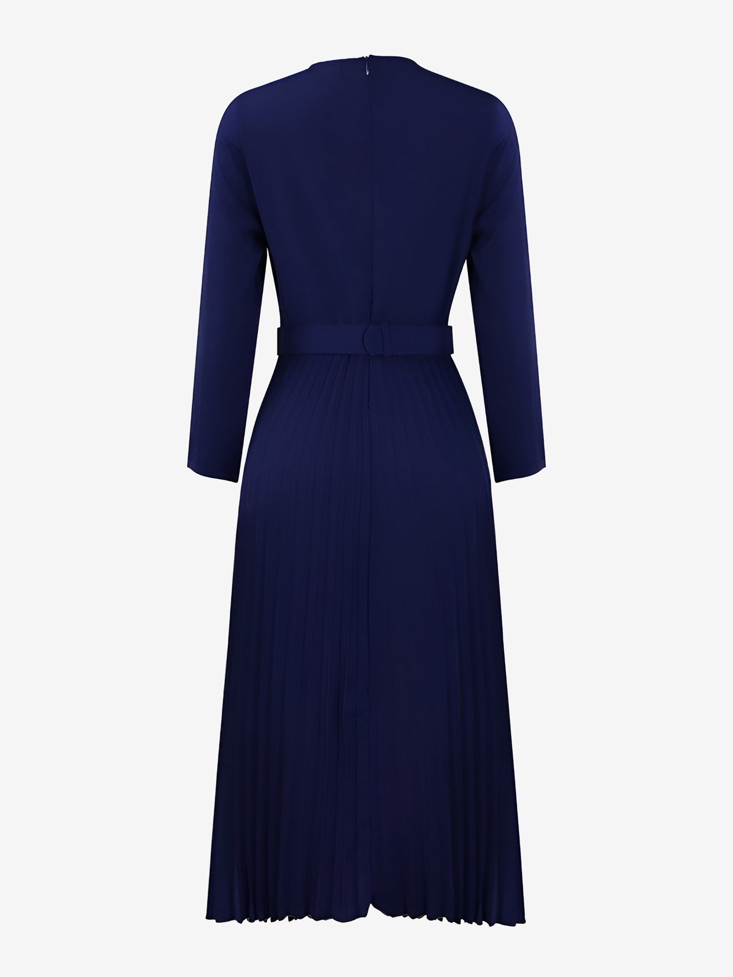 Crew Neck Long Sleeves Belted Pleated Midi Work Dress