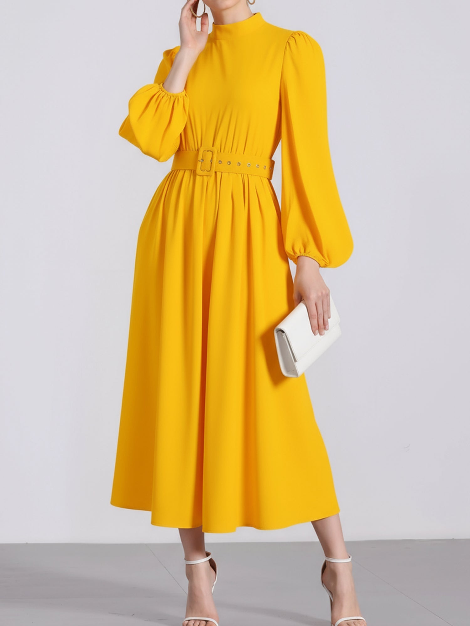 Mock Neck Puff Long Sleeves Belted A-Line Midi Dress