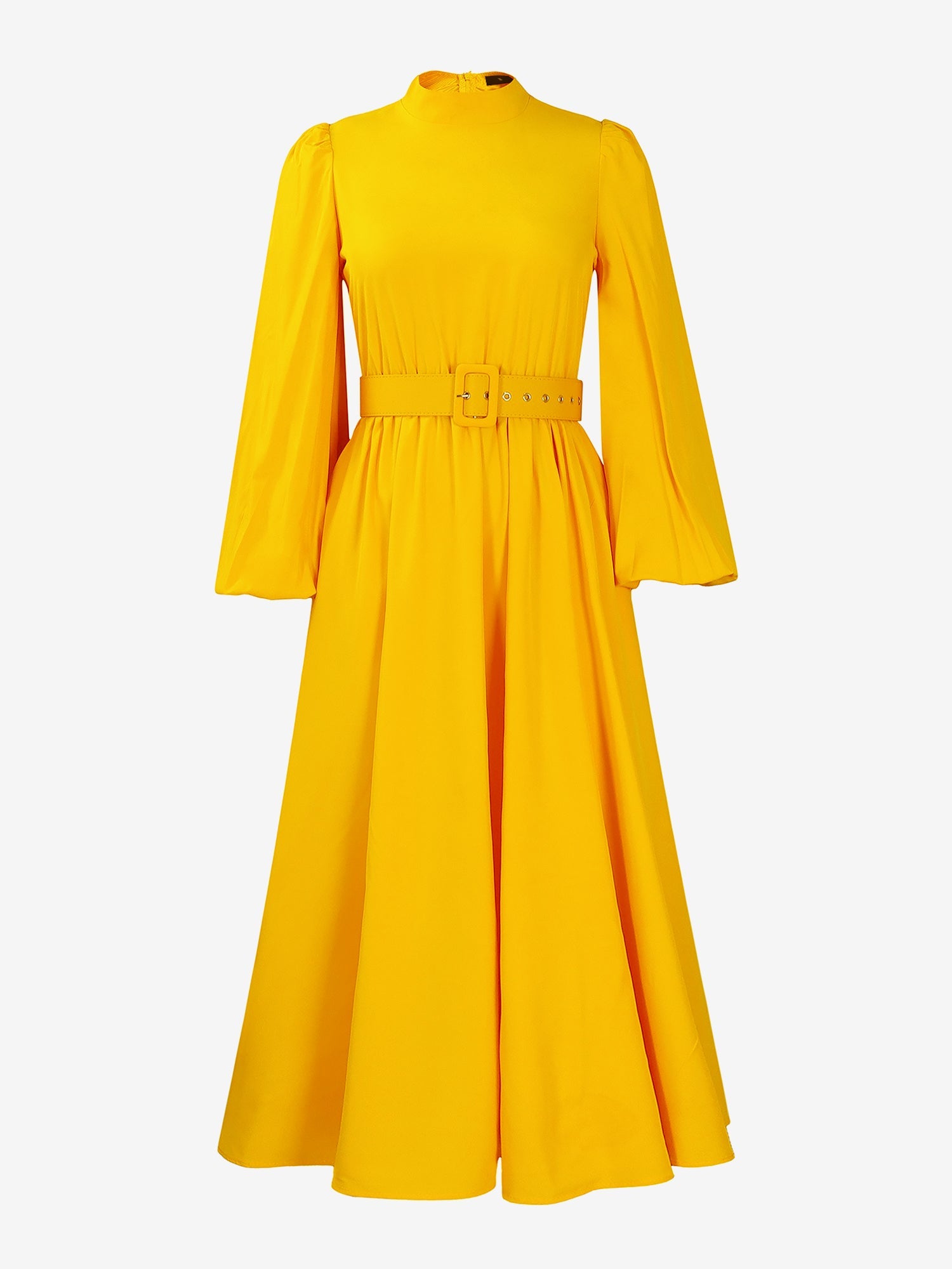 Mock Neck Puff Long Sleeves Belted A-Line Midi Dress