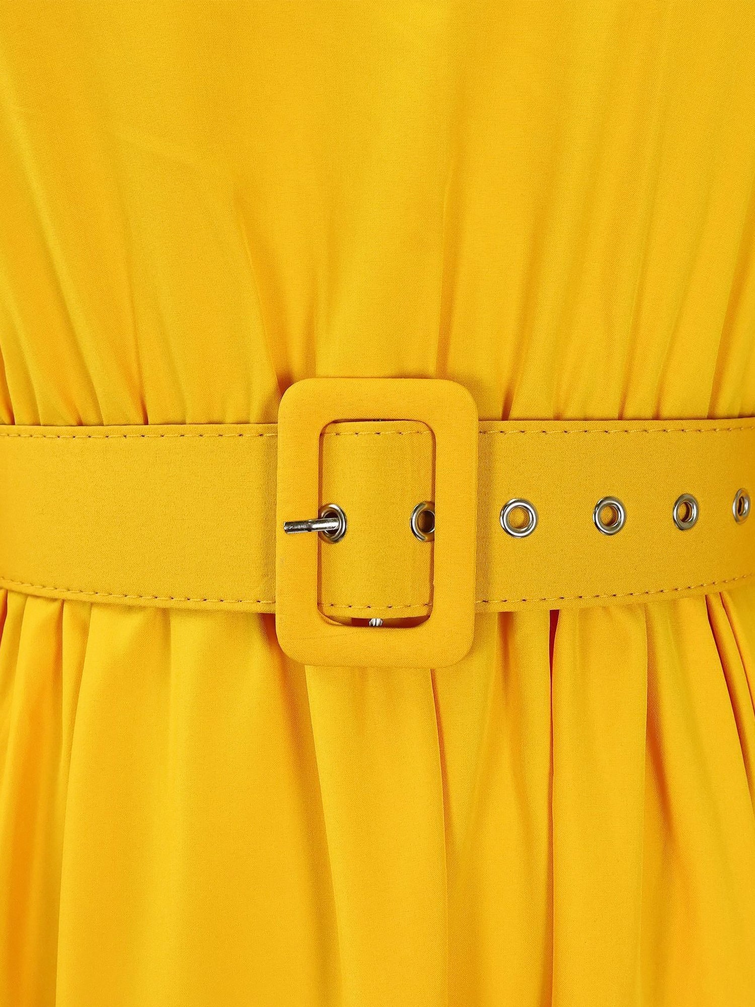 Mock Neck Puff Long Sleeves Belted A-Line Midi Dress