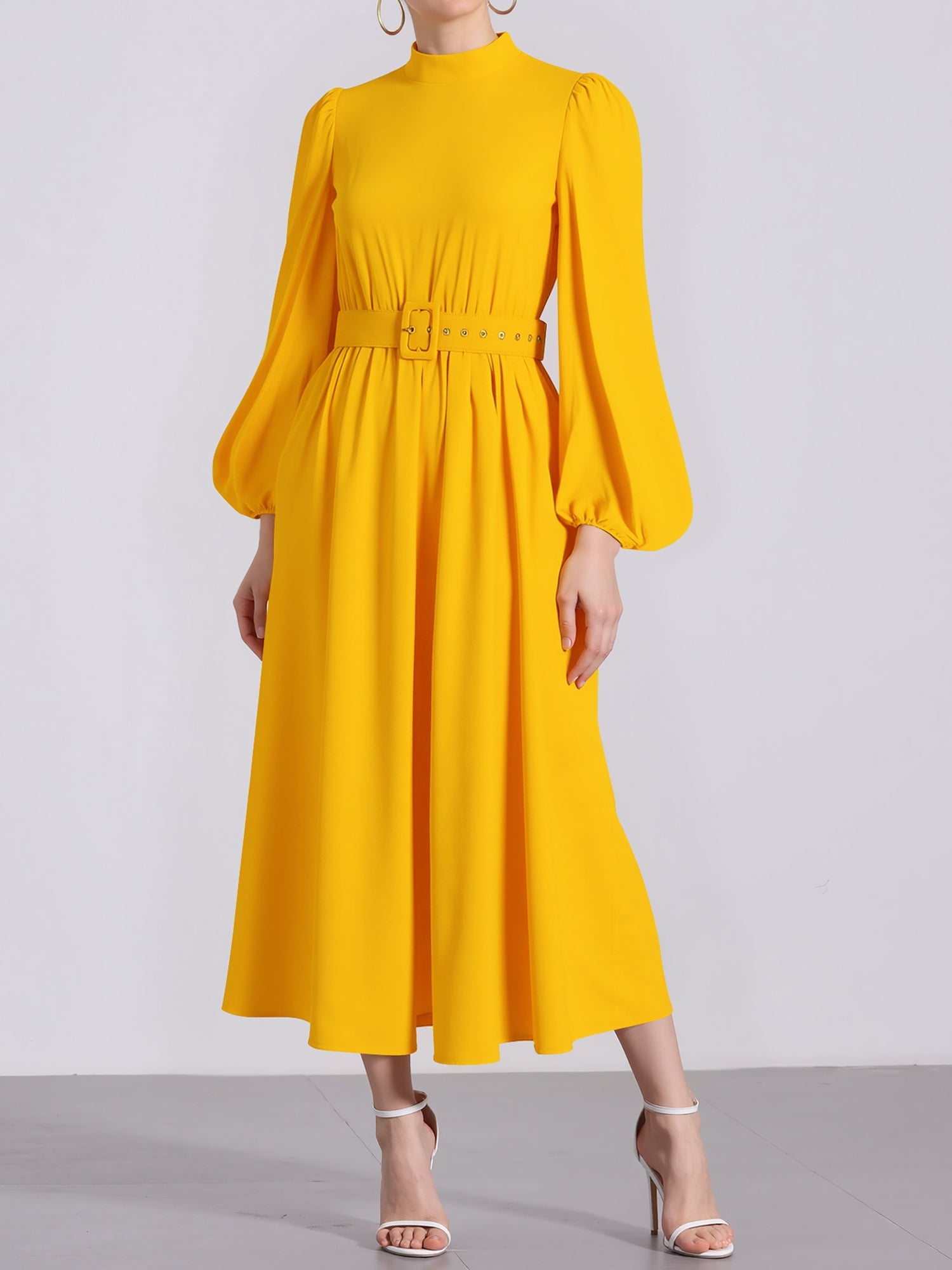 Mock Neck Puff Long Sleeves Belted A-Line Midi Dress