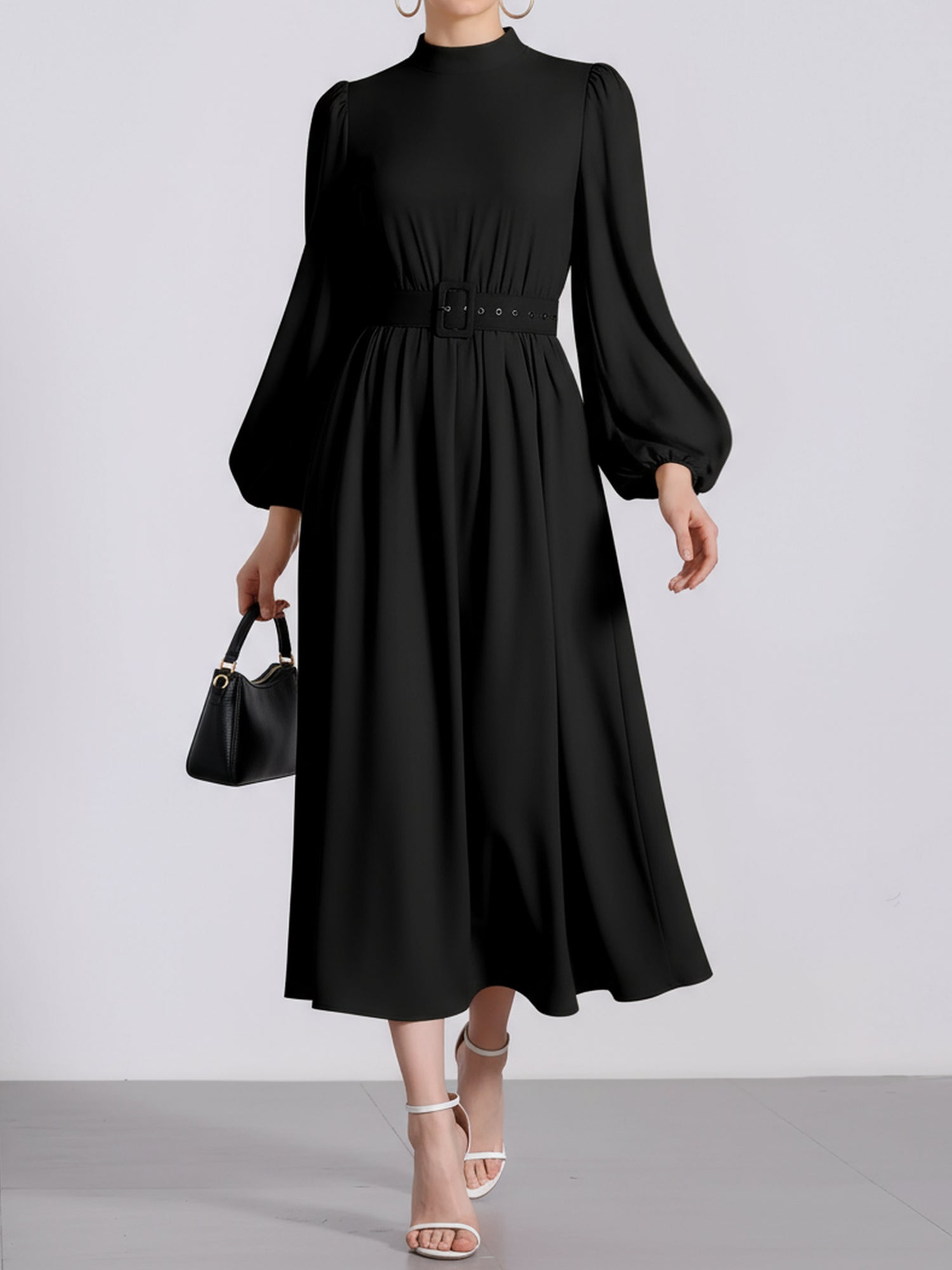 Mock Neck Puff Long Sleeves Belted A-Line Midi Dress