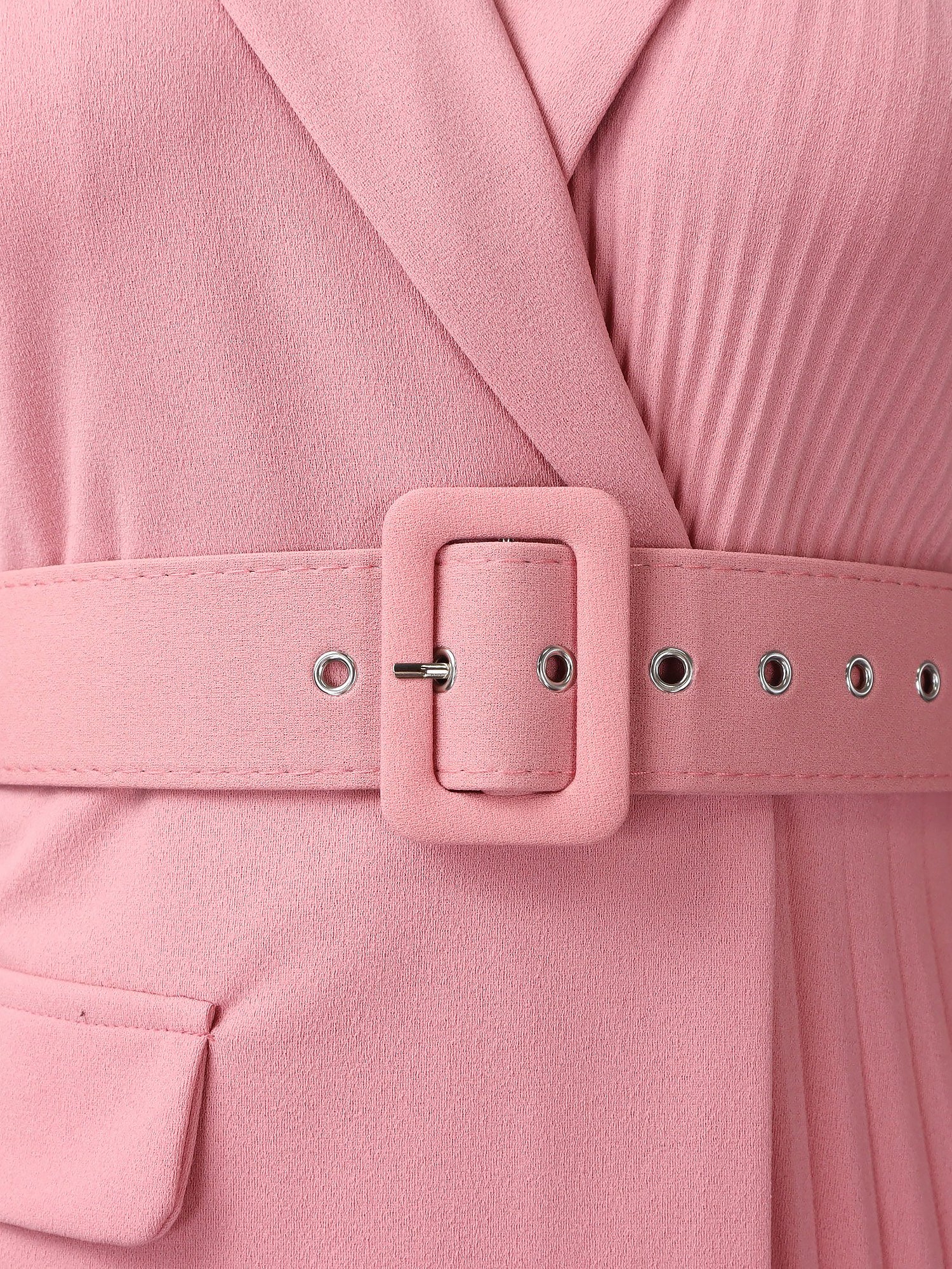 Notched Lapel 3/4 Sleeves Belted Pleated Midi Work Dress