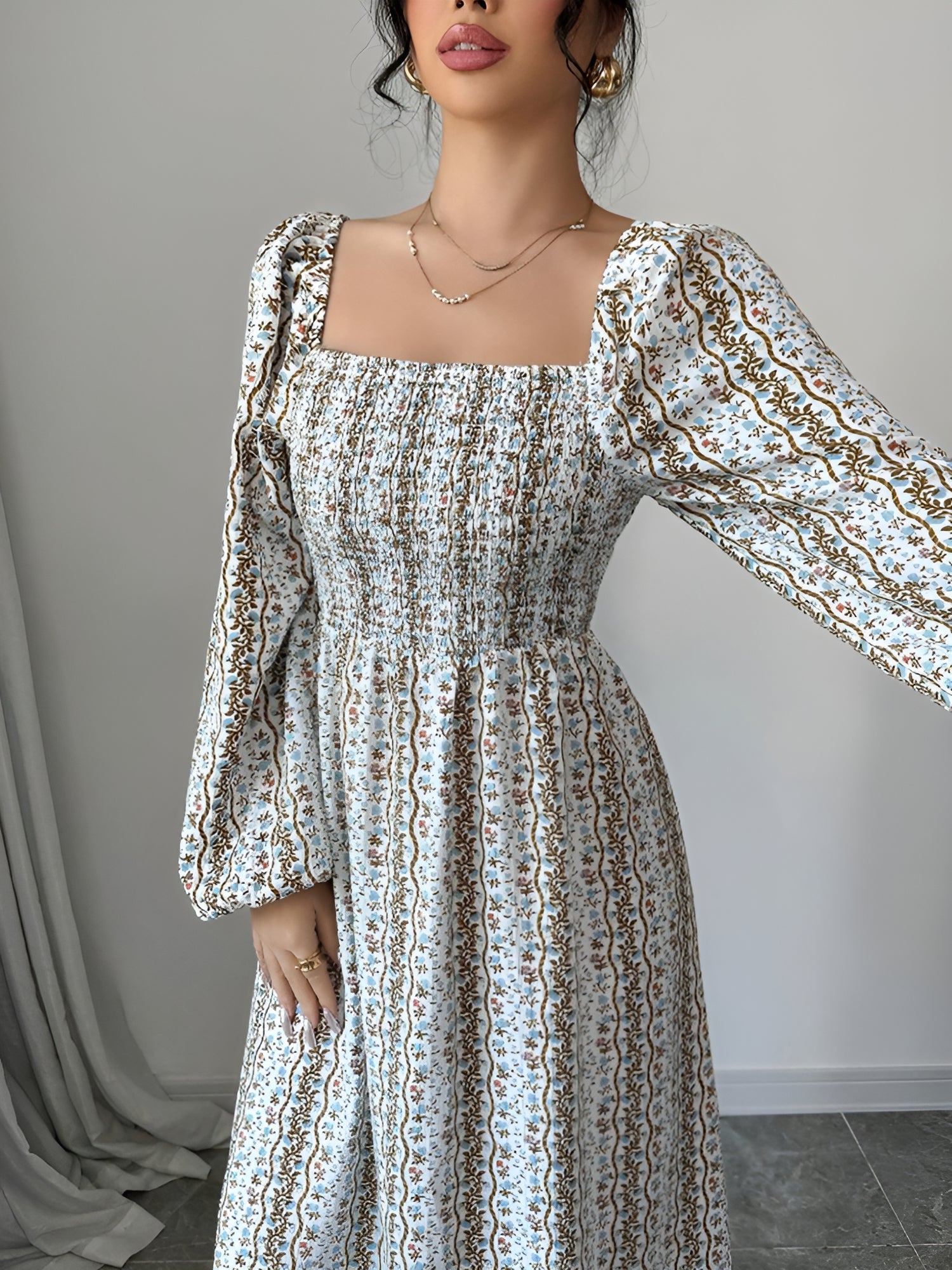 Floral Smocked Square Neck Puff Sleeves Maxi Dress