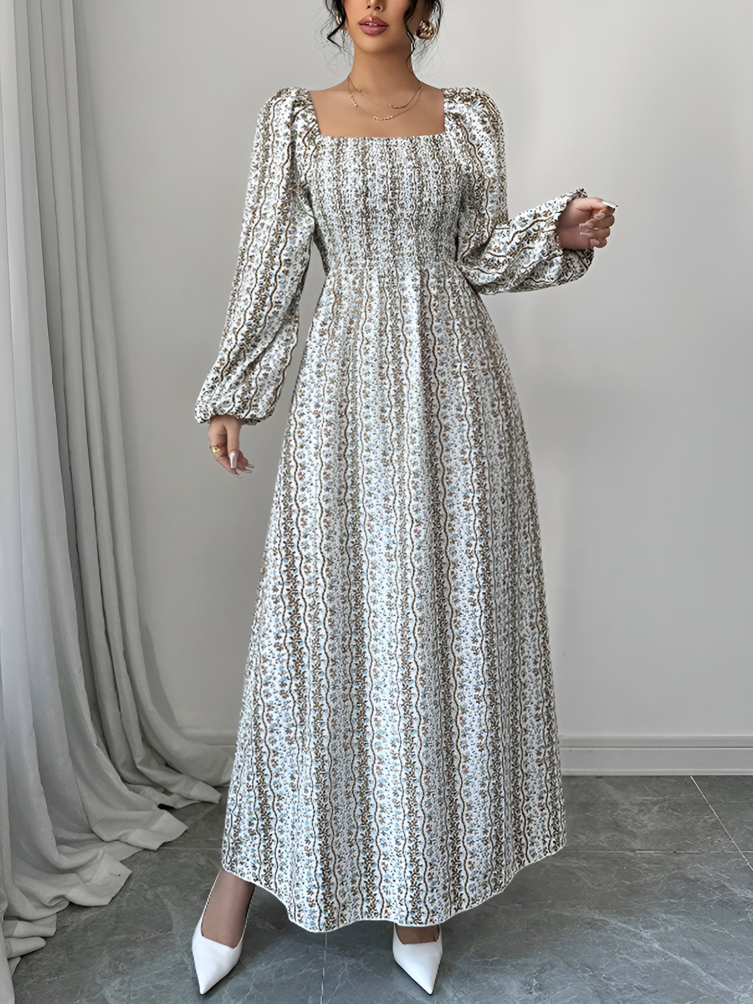 Floral Smocked Square Neck Puff Sleeves Maxi Dress