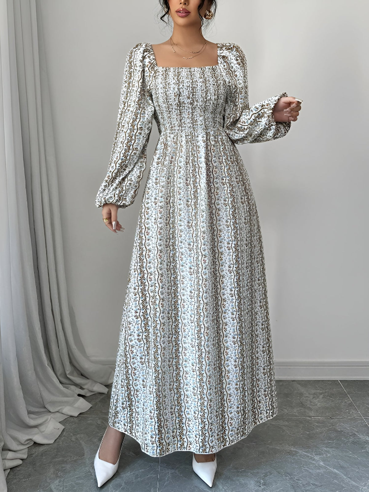 Floral Smocked Square Neck Puff Sleeves Maxi Dress
