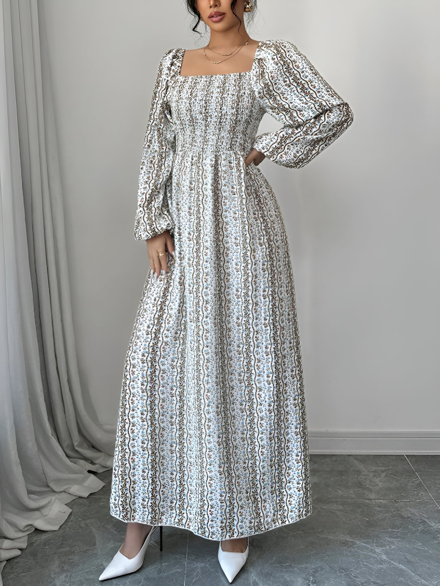 Floral Smocked Square Neck Puff Sleeves Maxi Dress