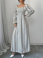 Floral Smocked Square Neck Puff Sleeves Maxi Dress