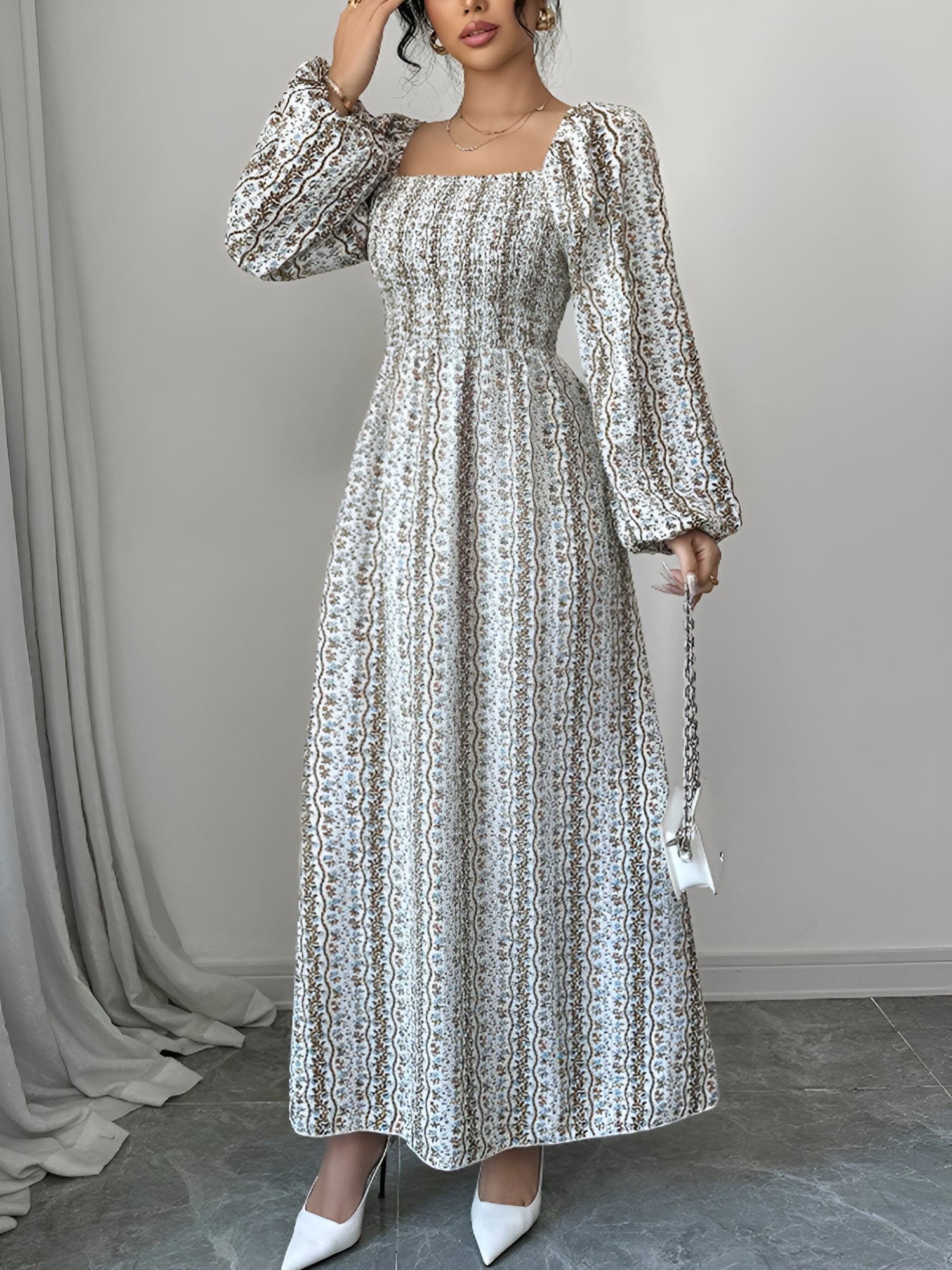 Floral Smocked Square Neck Puff Sleeves Maxi Dress