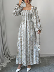 Floral Smocked Square Neck Puff Sleeves Maxi Dress