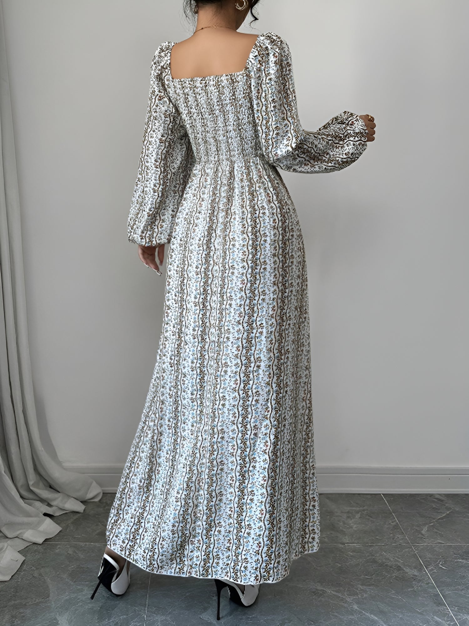 Floral Smocked Square Neck Puff Sleeves Maxi Dress