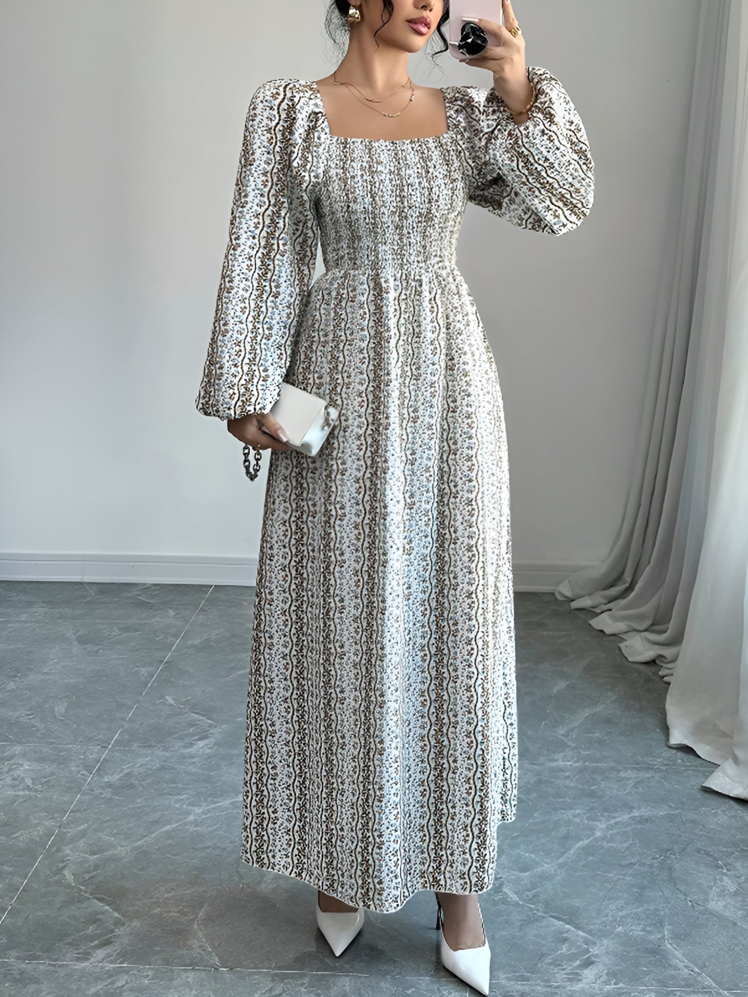 Floral Smocked Square Neck Puff Sleeves Maxi Dress