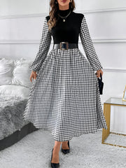 Houndstooth Patchwork Mock Neck A-Line Midi Dress