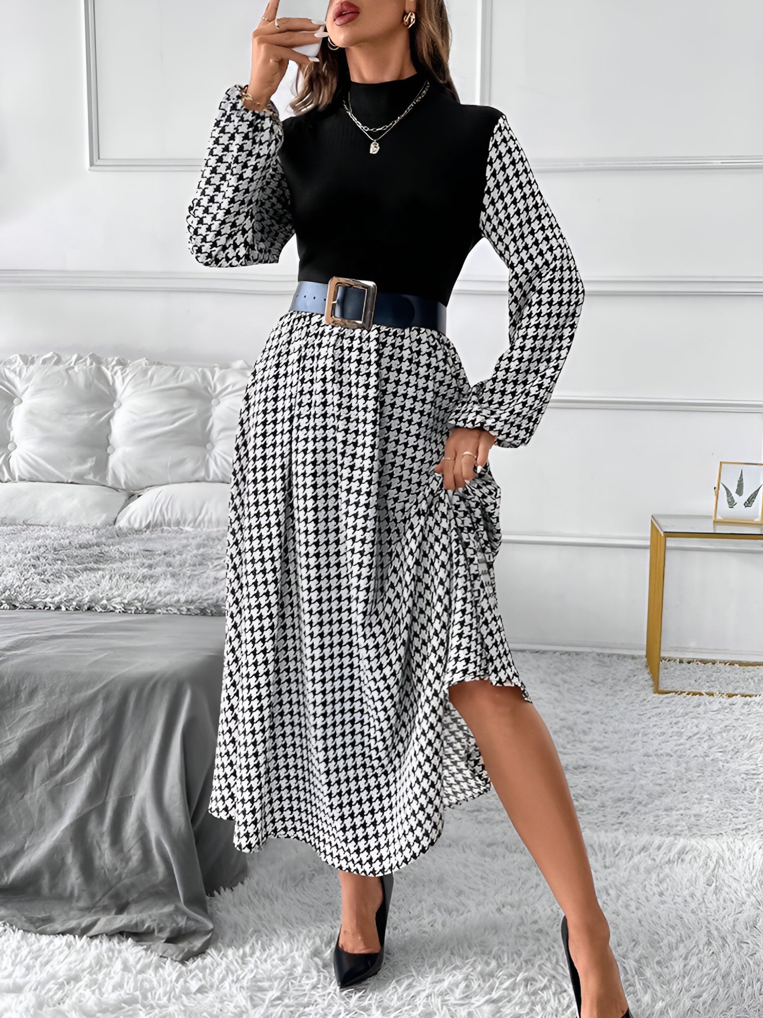 Houndstooth Patchwork Mock Neck A-Line Midi Dress