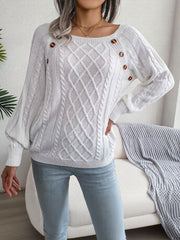 Round Neck Button Decor Cable Knit Pullover Sweater