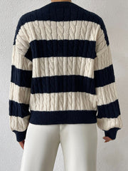 V Neck Striped Colorblock Cable Knit Sweater