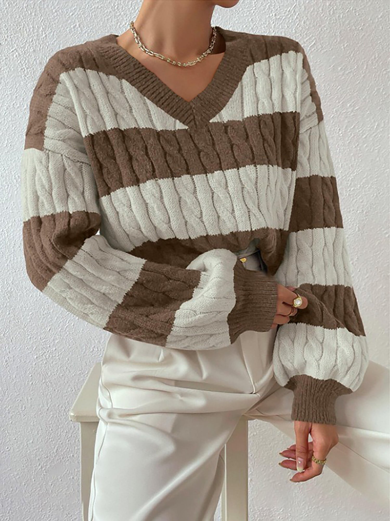 V Neck Striped Colorblock Cable Knit Sweater