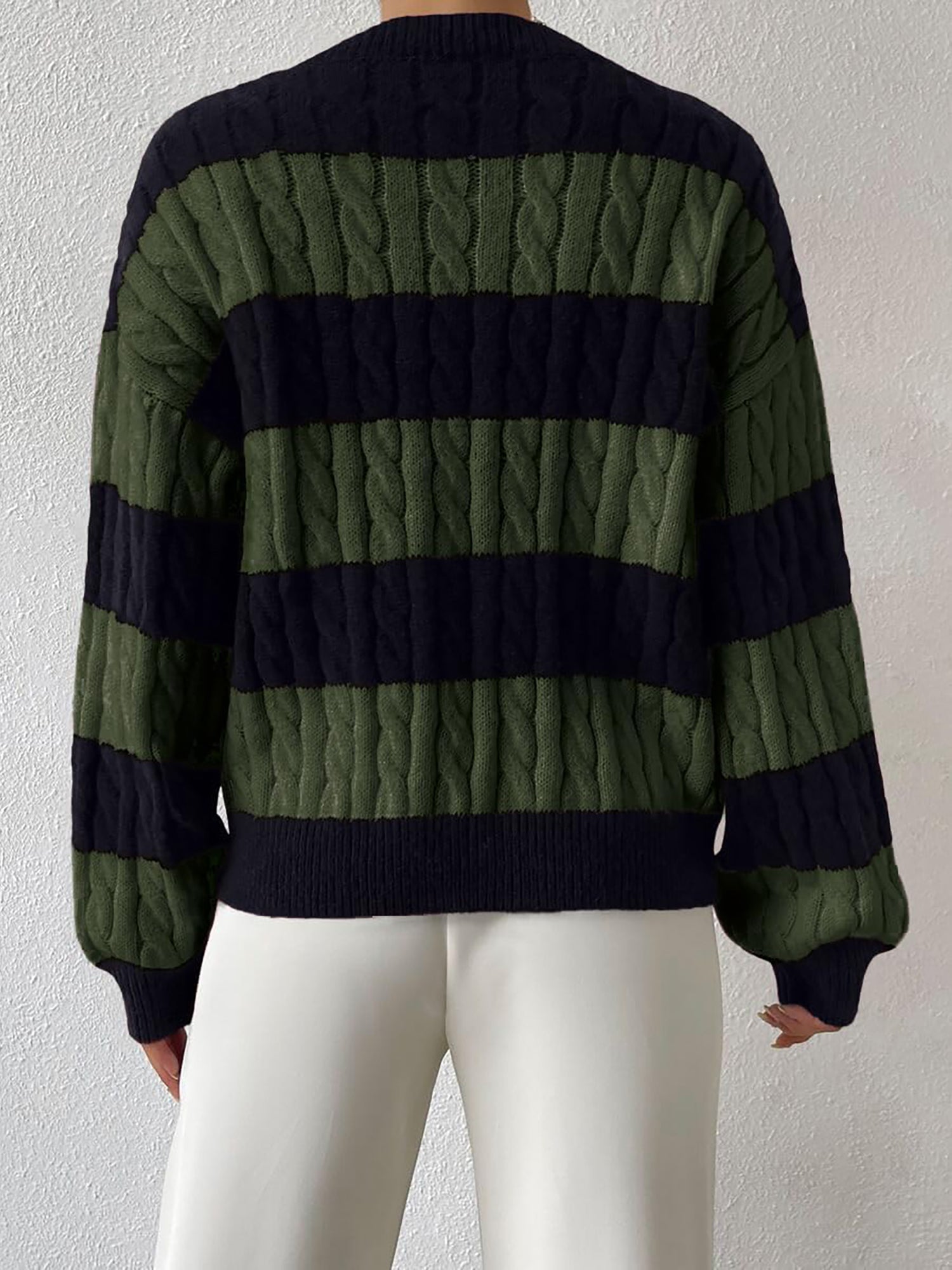 V Neck Striped Colorblock Cable Knit Sweater