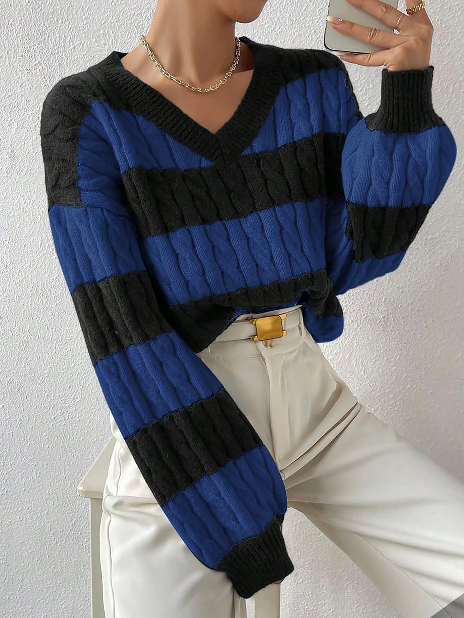 V Neck Striped Colorblock Cable Knit Sweater