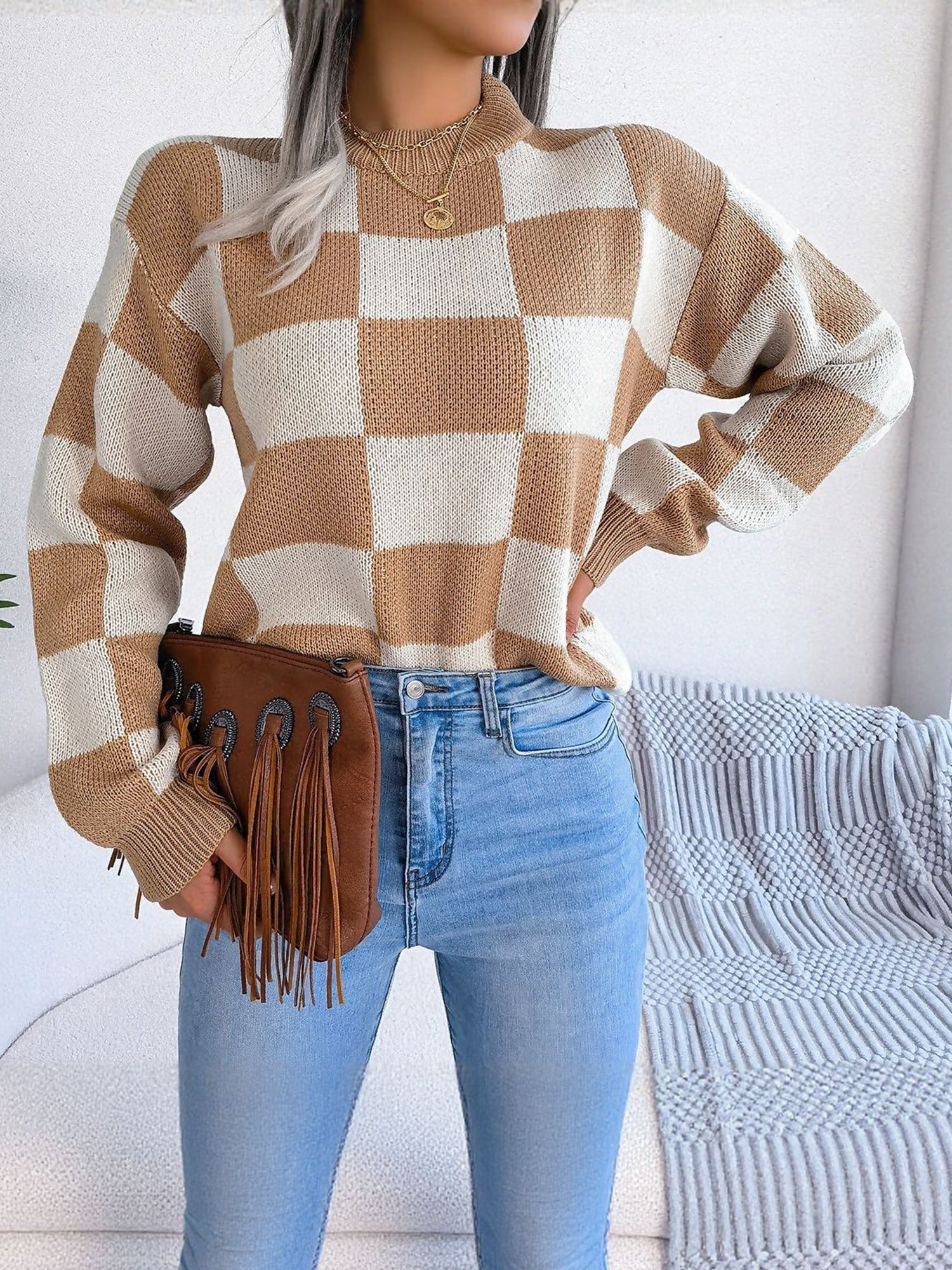 Colorblocked Checkered Long Sleeve Pullover Knit Sweater
