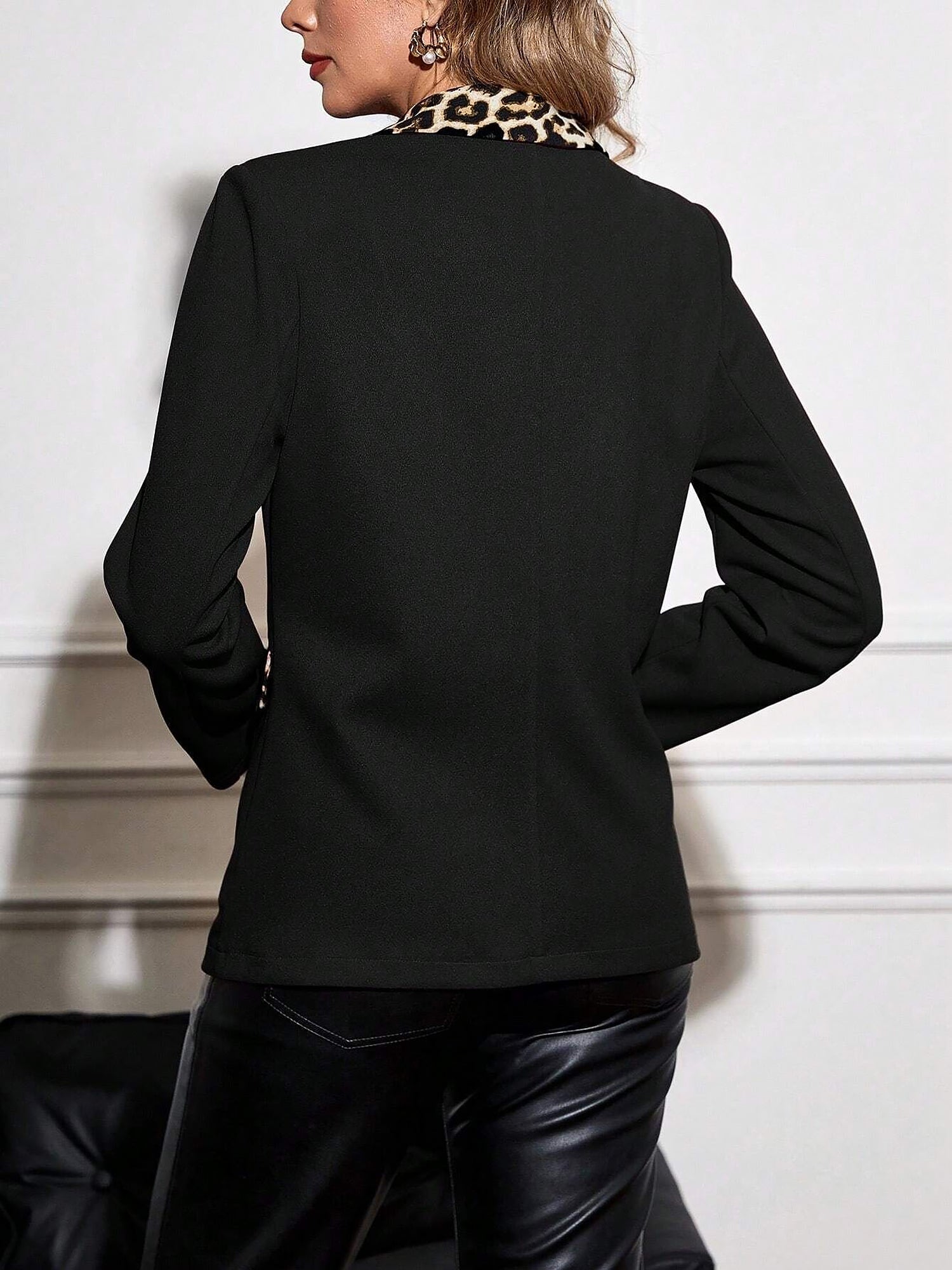 Leopard Patchwork Notched Lapel Long Sleeves Blazer