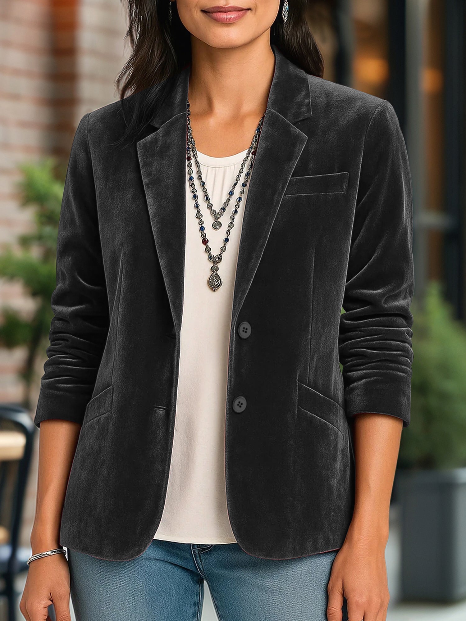 Velvet Solid Color Button Down Long Sleeves Blazer